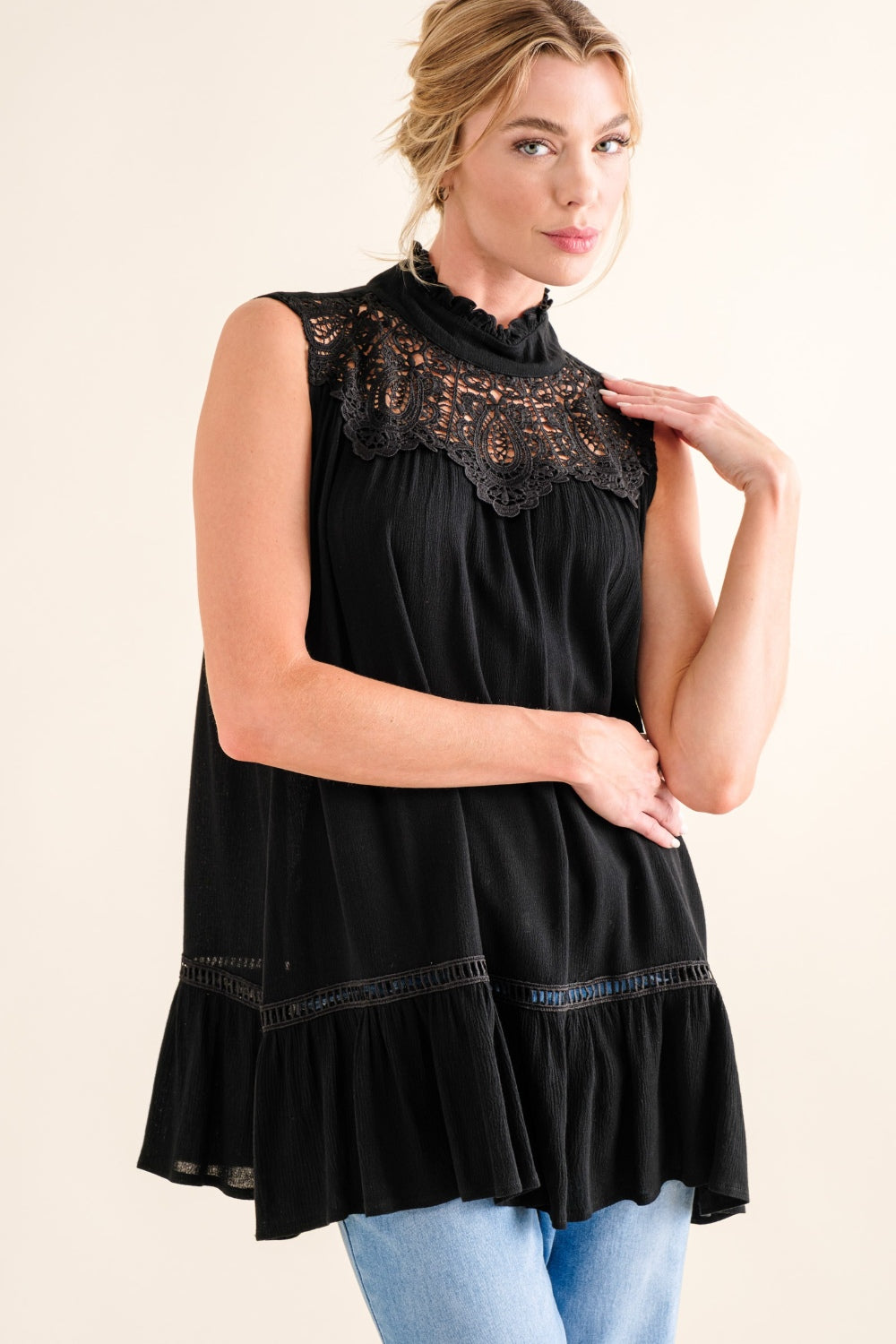 And The Why Lace Detail Sleeveless Ruffled Top-TOPS / DRESSES-[Adult]-[Female]-2022 Online Blue Zone Planet