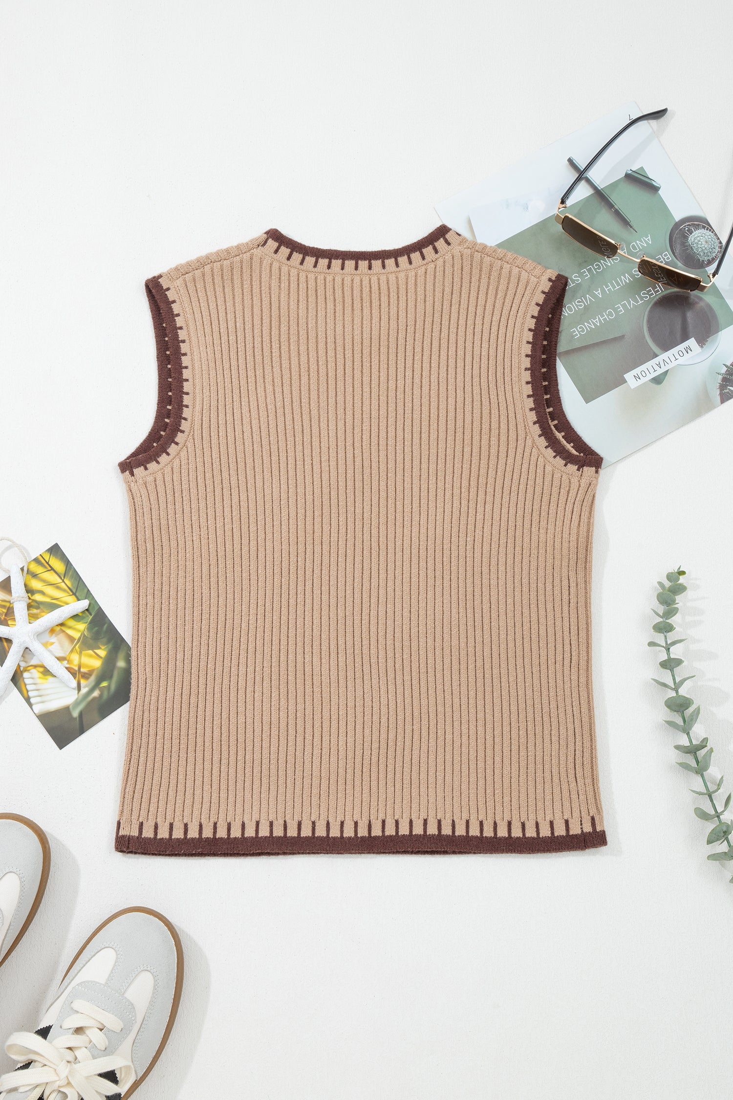 Light French Beige Ribbed Knit Contrast Trim Round Neck Horseshoe Sweater Vest-Sweaters & Cardigans/Sweater Vests-[Adult]-[Female]-2022 Online Blue Zone Planet