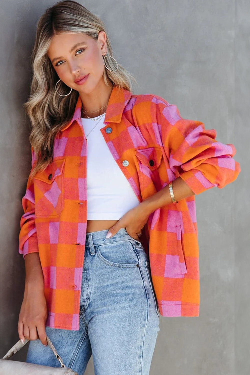 Blue Zone Planet | Orange Plaid Chest Pockets Button-up Turn Down Collar Jacket-Outerwear/Jackets-[Adult]-[Female]-2022 Online Blue Zone Planet