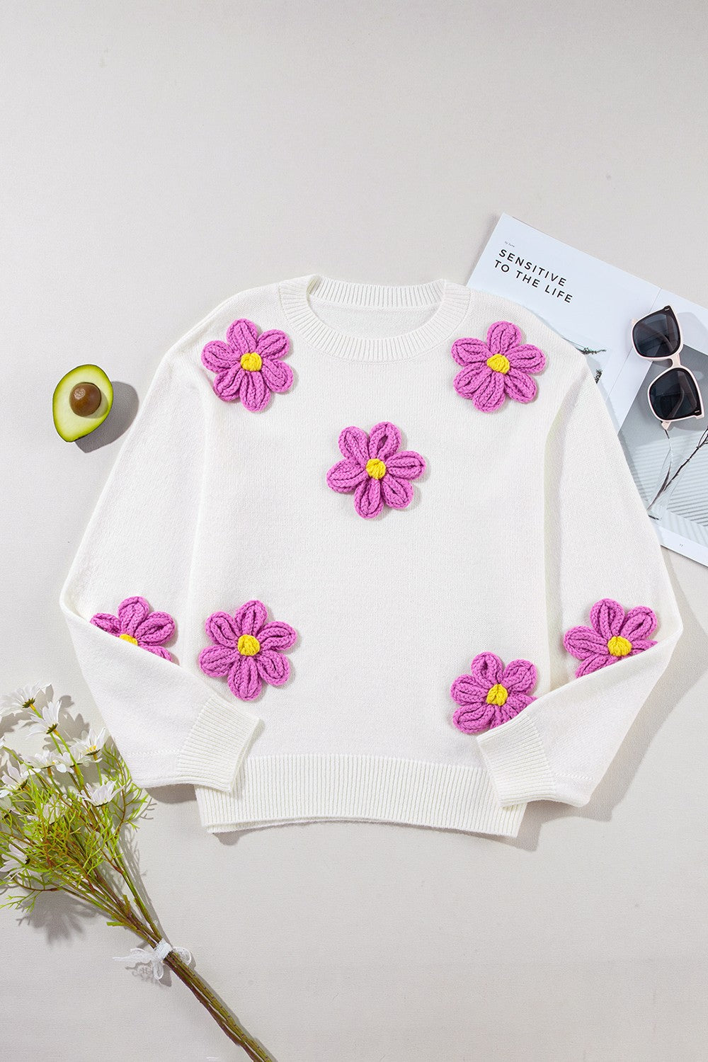 Crochet Flower Round Neck Long Sleeve Sweater-TOPS / DRESSES-[Adult]-[Female]-2022 Online Blue Zone Planet