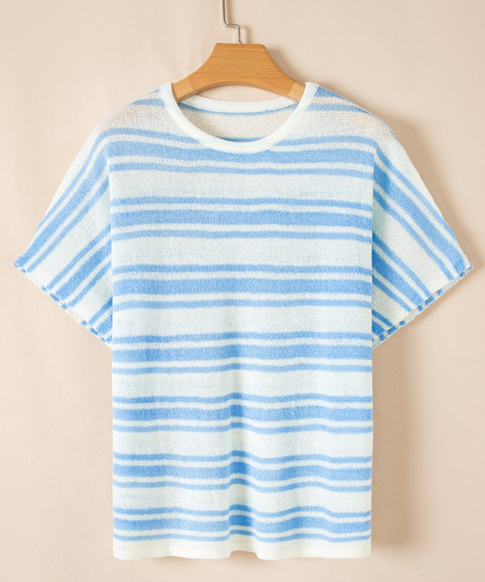 Stripe Round Neck Half Sleeve Knit Top-TOPS / DRESSES-[Adult]-[Female]-2022 Online Blue Zone Planet