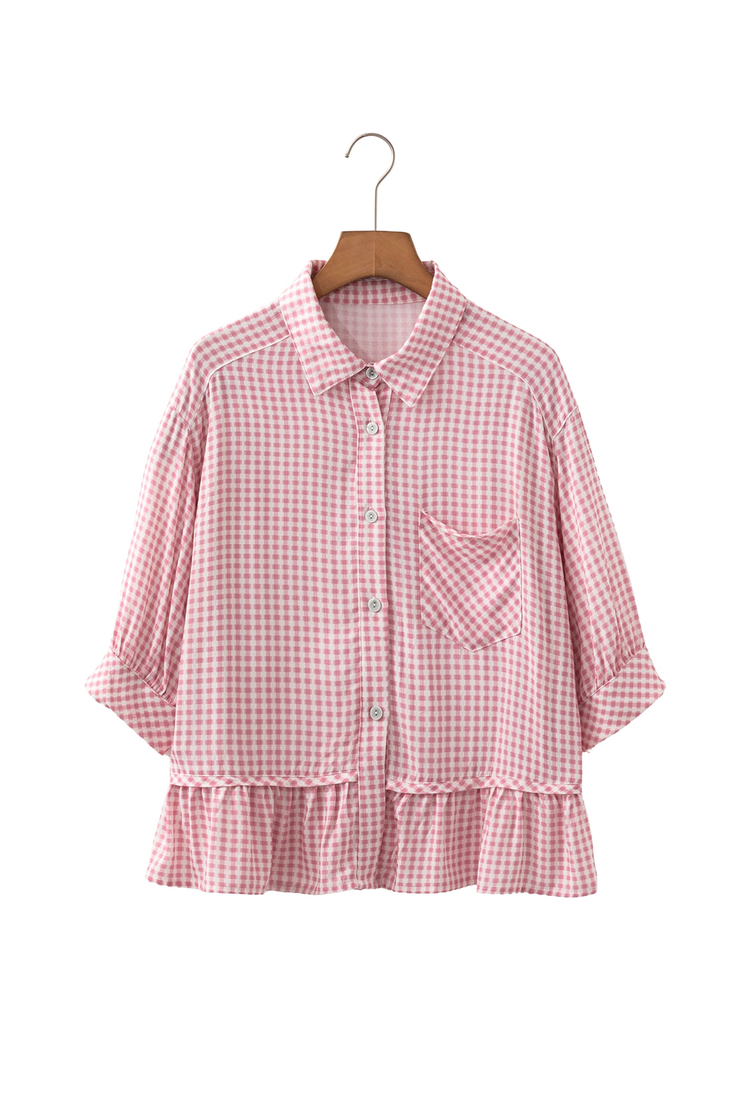 Pink Plaid Half Sleeve Ruffle Hem Button Down Shirt-Tops/Blouses & Shirts-[Adult]-[Female]-2022 Online Blue Zone Planet