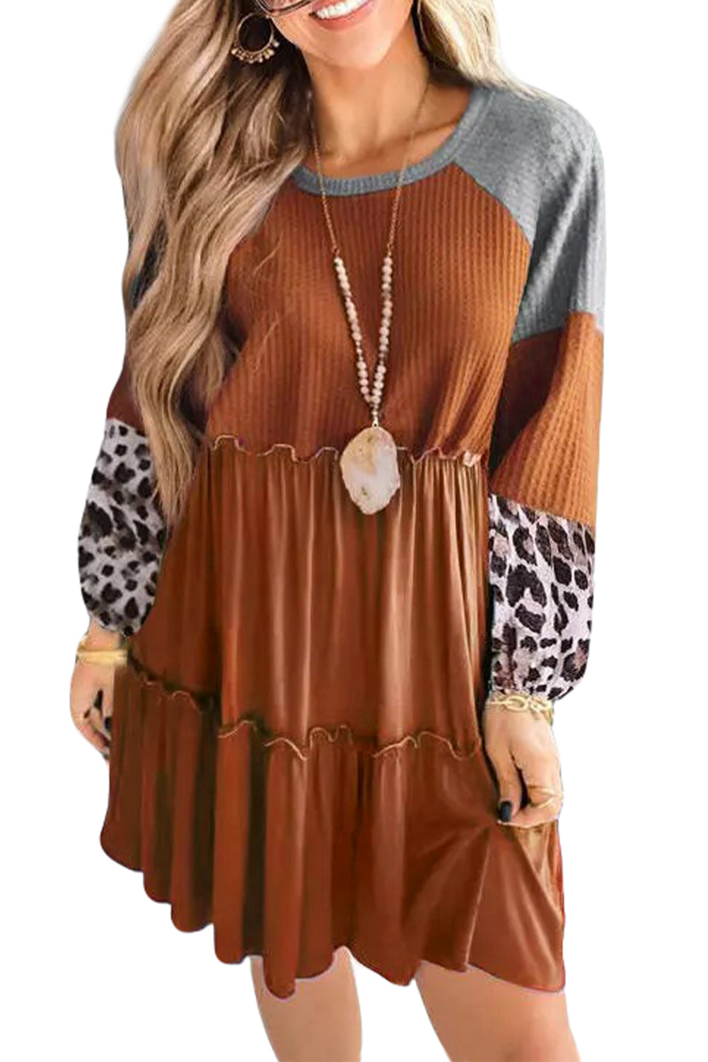 Blue Zone Planet | Brown Waffle Knit Leopard Patchwork Long Sleeve Dress-TOPS / DRESSES-[Adult]-[Female]-2022 Online Blue Zone Planet