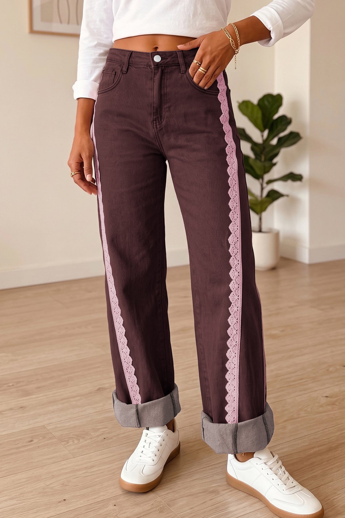 Coffee Lace Trim Casual Full-Length Regular Fit Jeans-Bottoms/Jeans-[Adult]-[Female]-2022 Online Blue Zone Planet