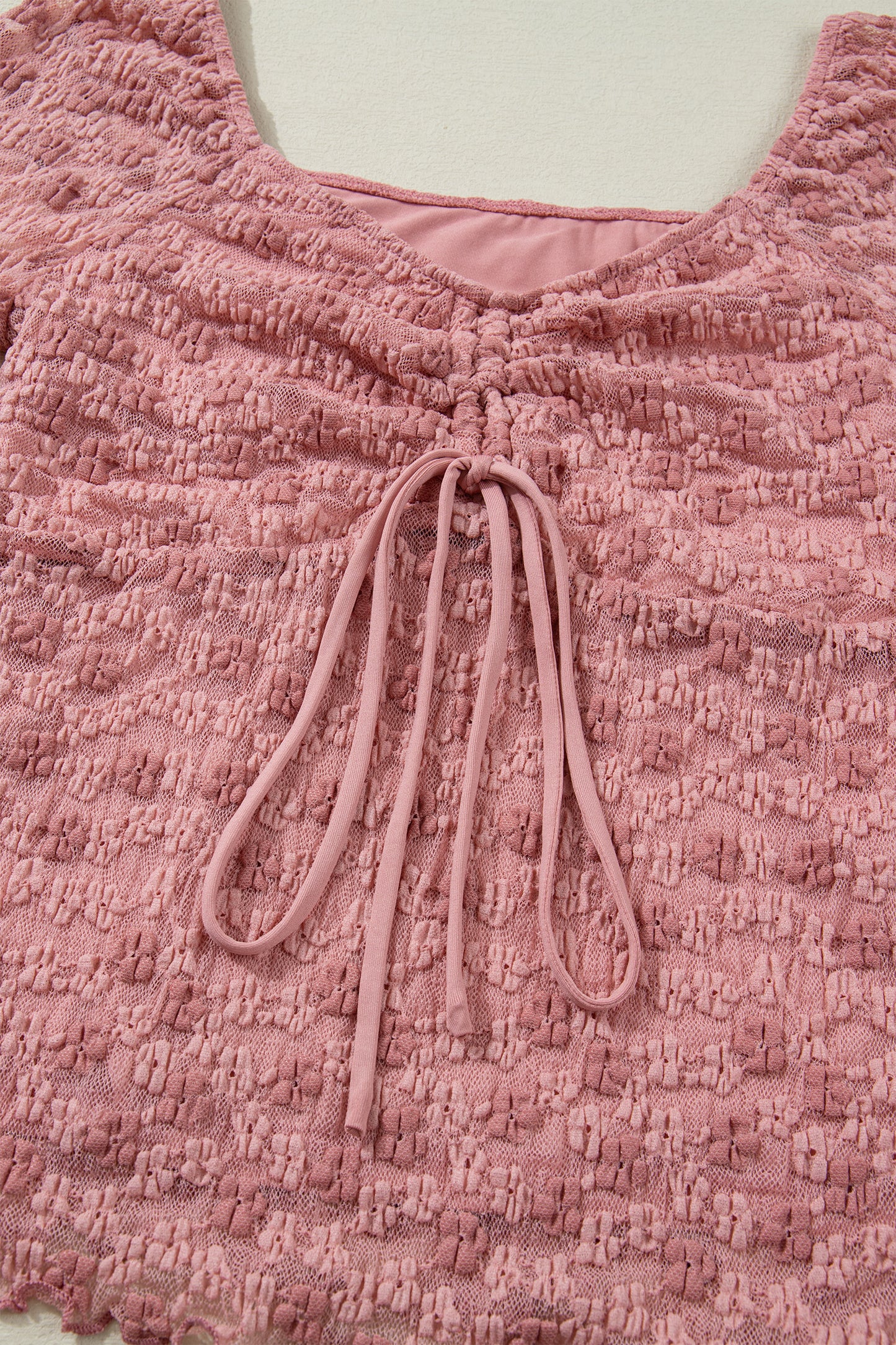 Peach Blossom Drawstring Knot Detail Floral Lace Blouse-Tops/Blouses & Shirts-[Adult]-[Female]-2022 Online Blue Zone Planet