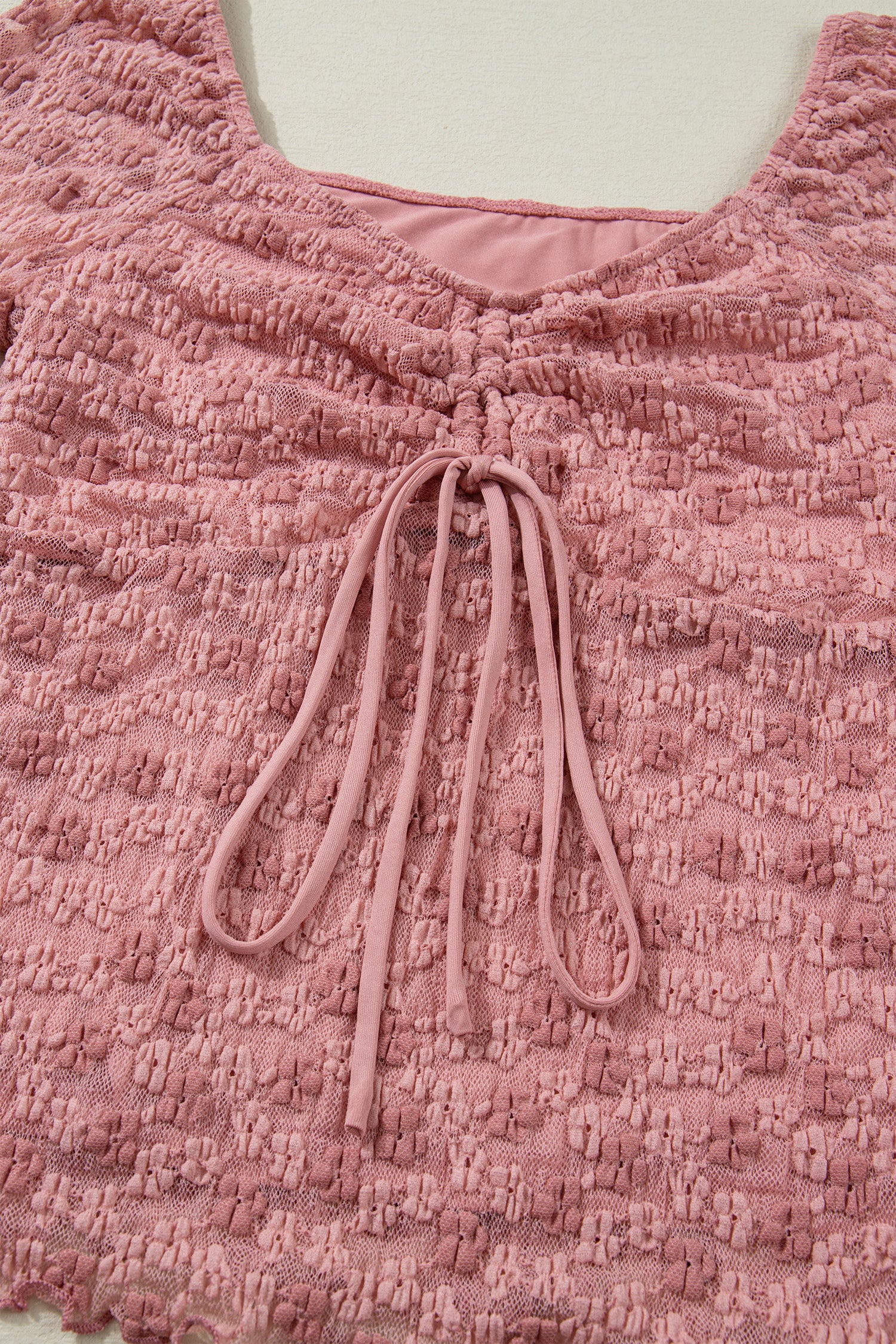 Peach Blossom Drawstring Knot Detail Floral Lace Blouse-Tops/Blouses & Shirts-[Adult]-[Female]-2022 Online Blue Zone Planet