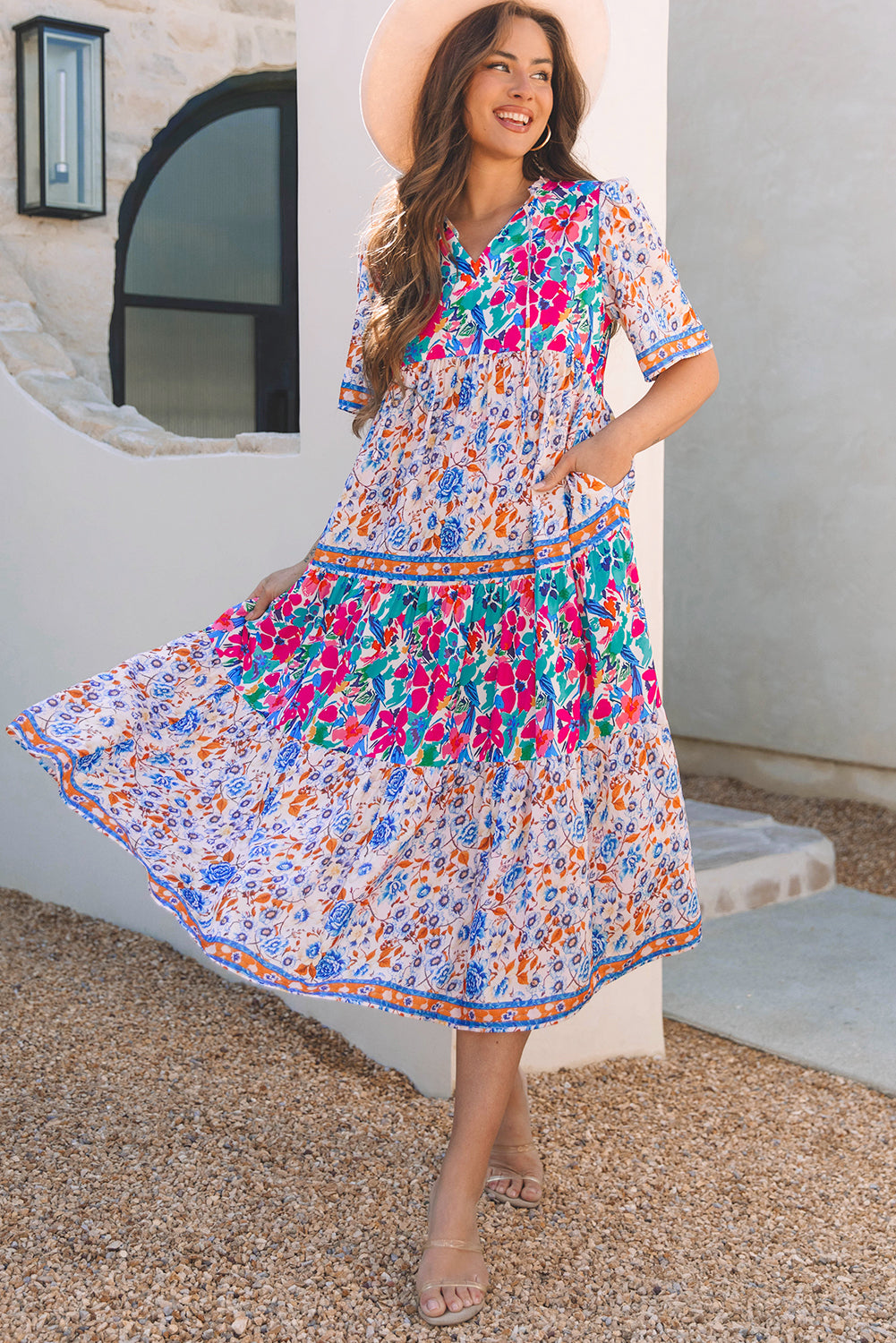 Sky Blue Mixed Floral Print Tie Split Neck Short Sleeve Dress-TOPS / DRESSES-[Adult]-[Female]-2022 Online Blue Zone Planet