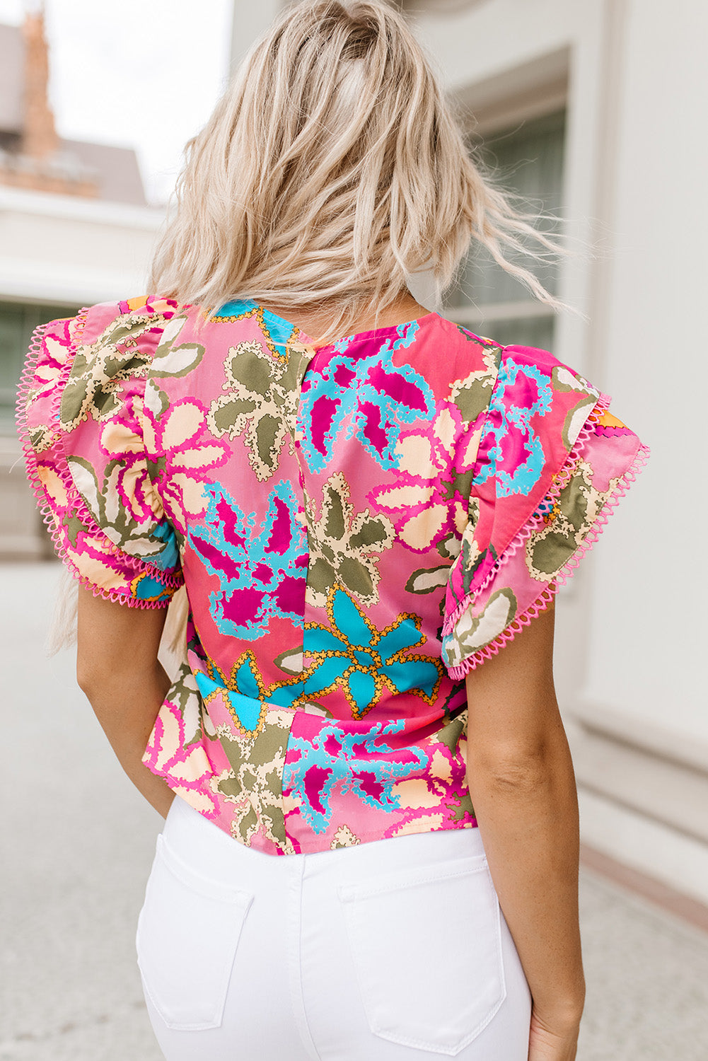 Multicolor Vibrant Floral Print Trimmed Ruffle Sleeve Blouse-Tops/Blouses & Shirts-[Adult]-[Female]-2022 Online Blue Zone Planet