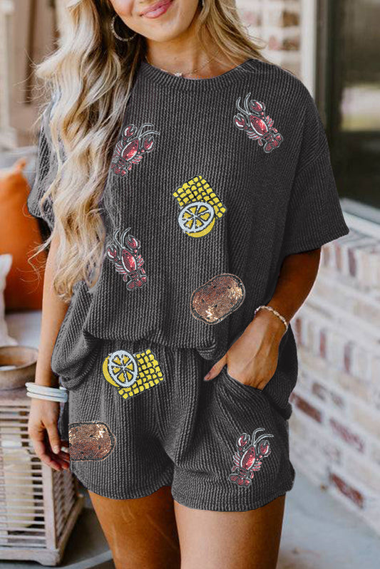 Carbon Grey Sequin Crawfish Food Print Textured Tee and Short Set-Graphic/Graphic Sets-[Adult]-[Female]-Carbon Grey-S-2022 Online Blue Zone Planet