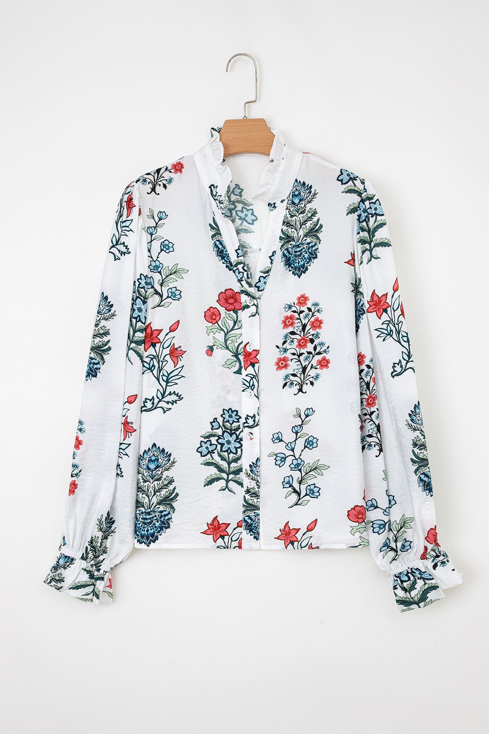 White Floral Print Frilled Collar V Neck Button Down Long Sleeve Shirt-Tops/Blouses & Shirts-[Adult]-[Female]-2022 Online Blue Zone Planet