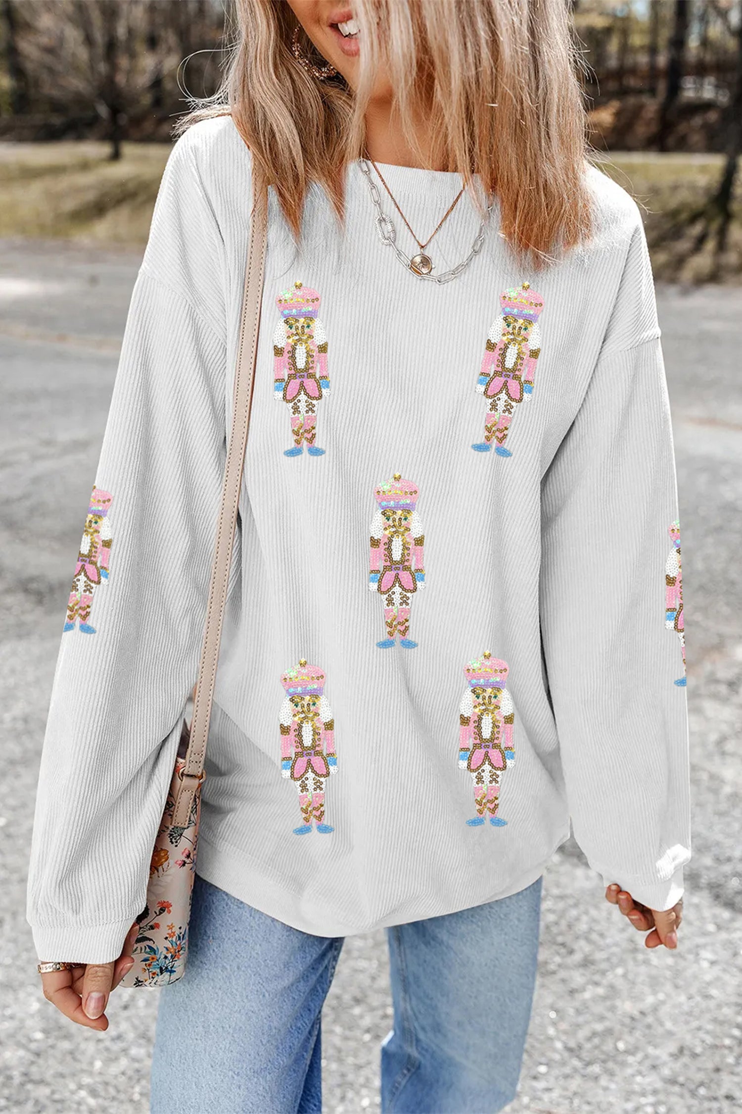 White Corded Rib Sequin Patched Nutcracker Graphic Drop Shoulder Sweatshirt-Graphic/Graphic Sweatshirts-[Adult]-[Female]-2022 Online Blue Zone Planet