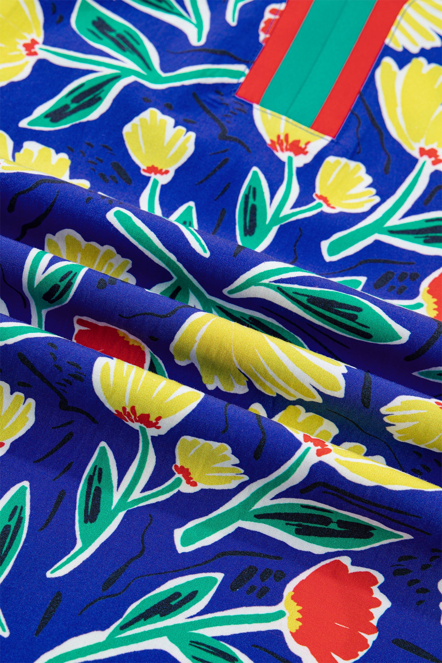 Blue Wild Floral Printed Contrast Striped Patchwork V Neck Short Sleeve Blouse-Tops/Blouses & Shirts-[Adult]-[Female]-2022 Online Blue Zone Planet