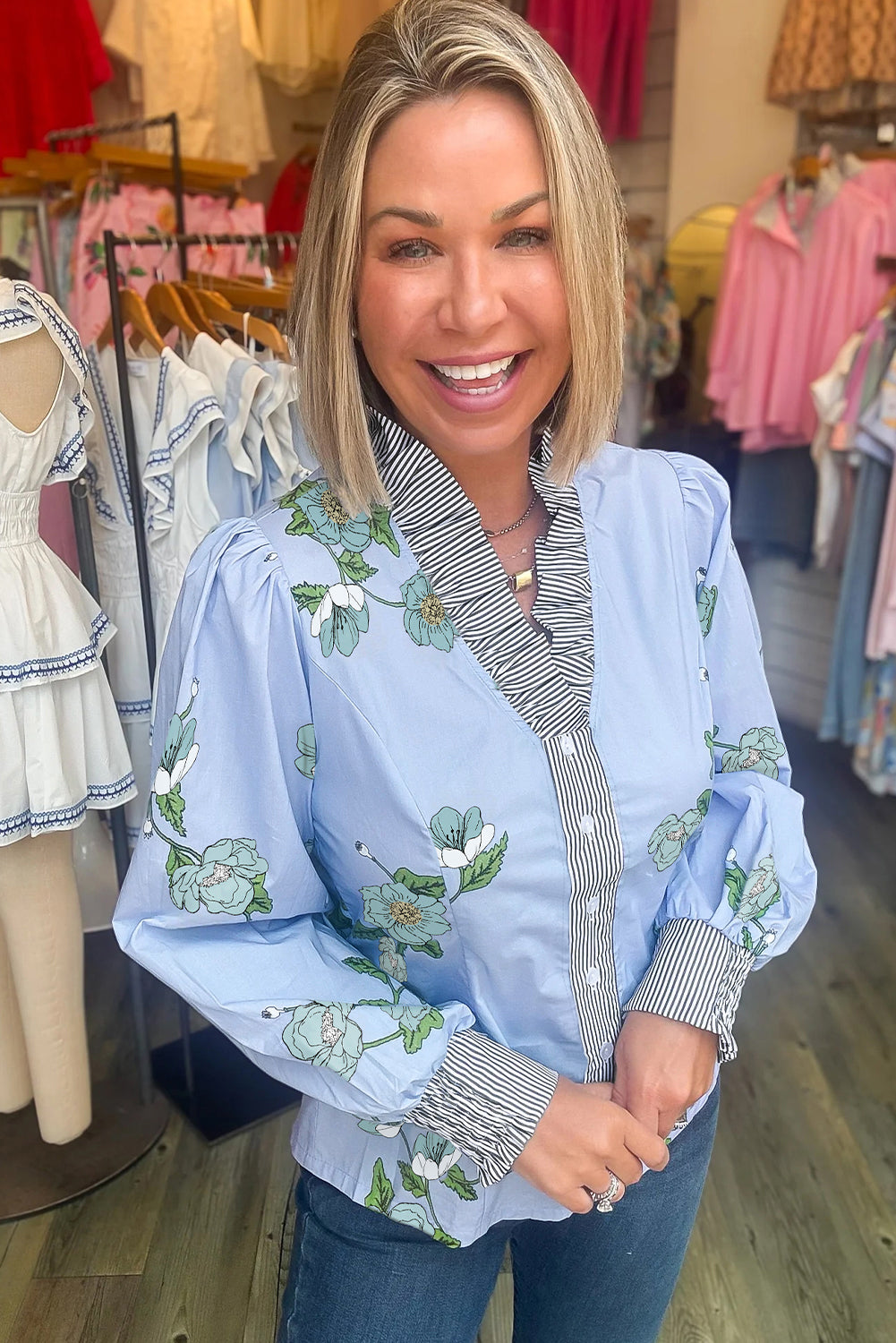 Sky Blue Floral Print Contrast Striped Trim Ruffled V Neck Fall Blouse-Tops/Blouses & Shirts-[Adult]-[Female]-2022 Online Blue Zone Planet