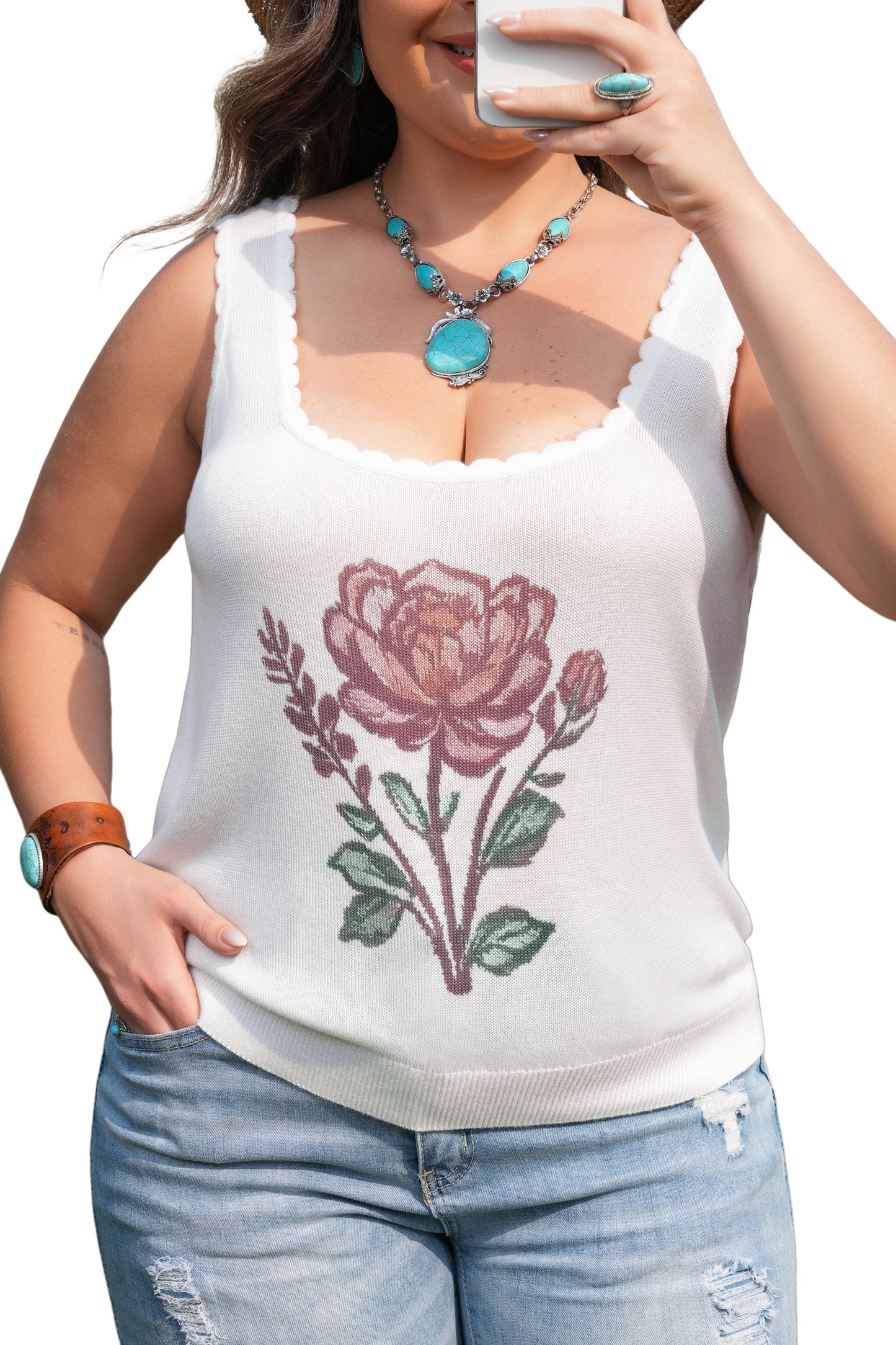 White Plus Size Floral Print Scalloped Trim Square Neck Sweater Vest-TOPS / DRESSES-[Adult]-[Female]-2022 Online Blue Zone Planet