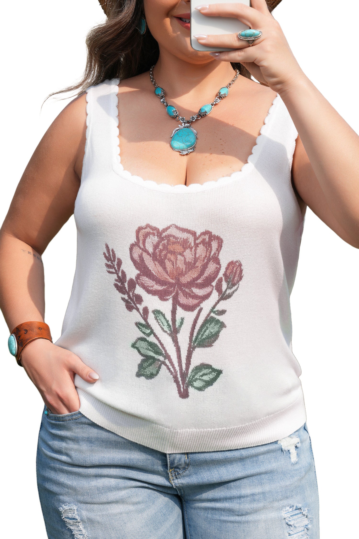 White Plus Size Floral Print Scalloped Trim Square Neck Sweater Vest-TOPS / DRESSES-[Adult]-[Female]-2022 Online Blue Zone Planet