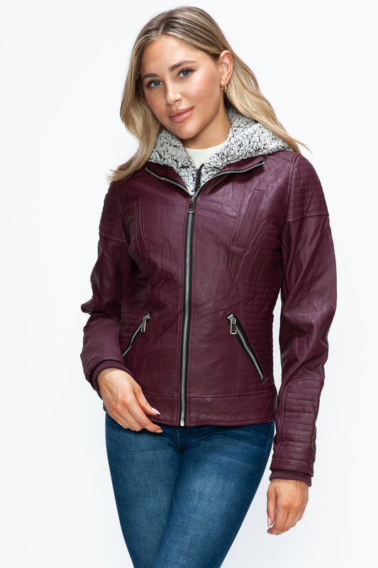 Blue Zone Planet | YMI Faux Layered Double-Zipper Jacket with Fuzzy Hood-TOPS / DRESSES-[Adult]-[Female]-Wine-S-2022 Online Blue Zone Planet