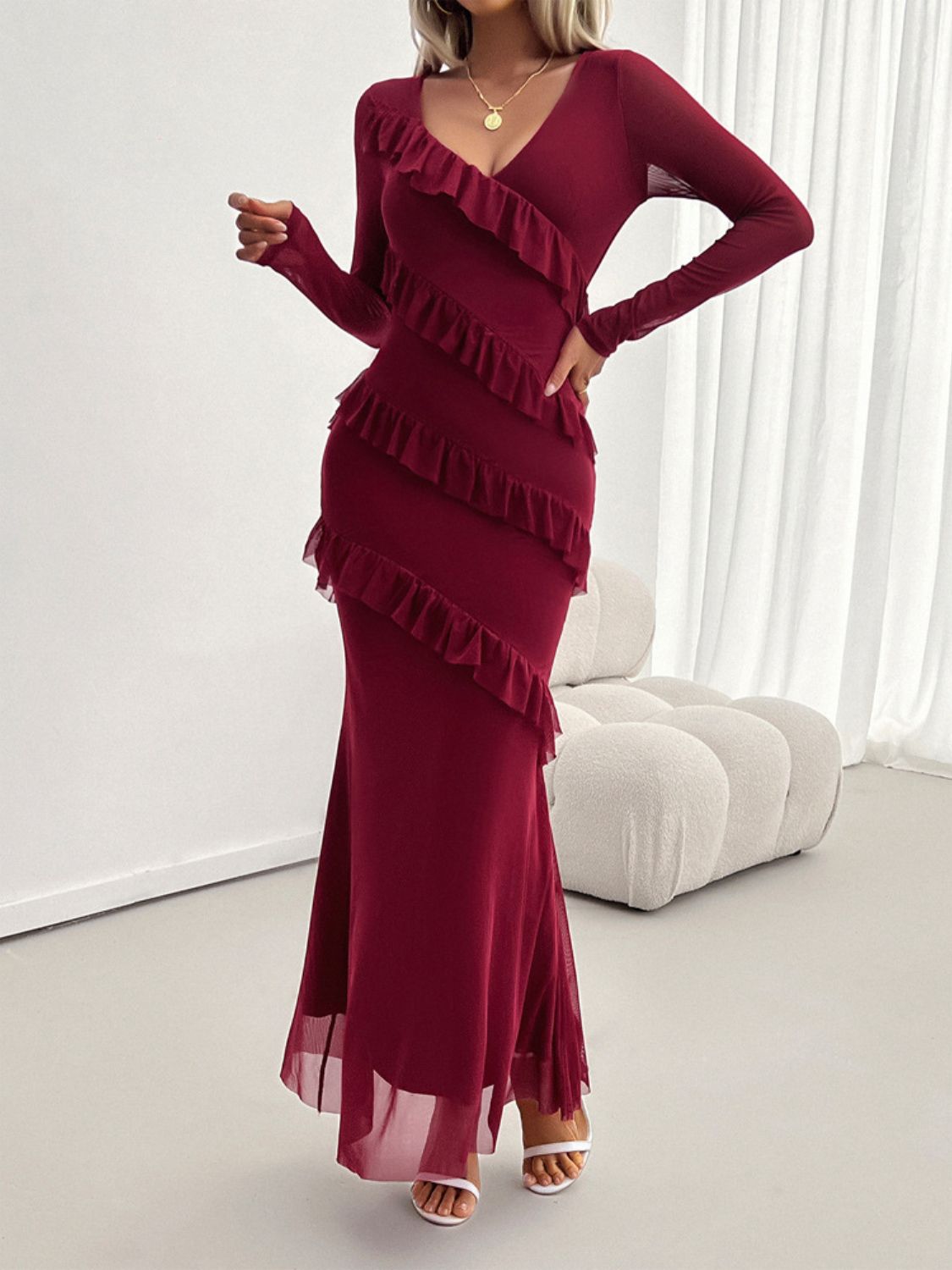 Devine Ruffled Surplice Long Sleeve Maxi Dress-TOPS / DRESSES-[Adult]-[Female]-Burgundy-S-2022 Online Blue Zone Planet