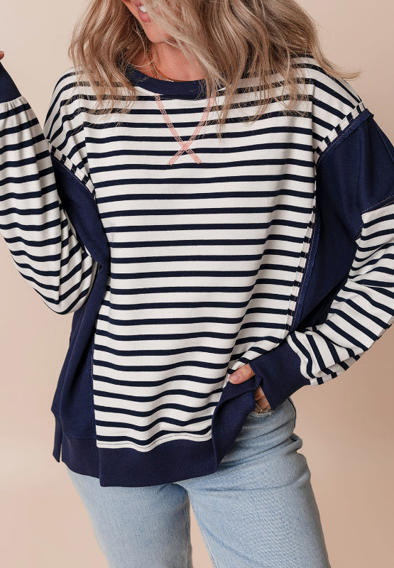 Exposed Seam Striped Long Sleeve Sweatshirt-TOPS / DRESSES-[Adult]-[Female]-2022 Online Blue Zone Planet