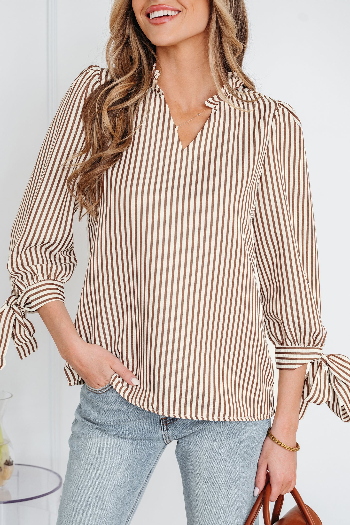 Straw Yellow Striped Print Tied Cuffs Split Neck Seersucker Blouse-Tops/Blouses & Shirts-[Adult]-[Female]-2022 Online Blue Zone Planet