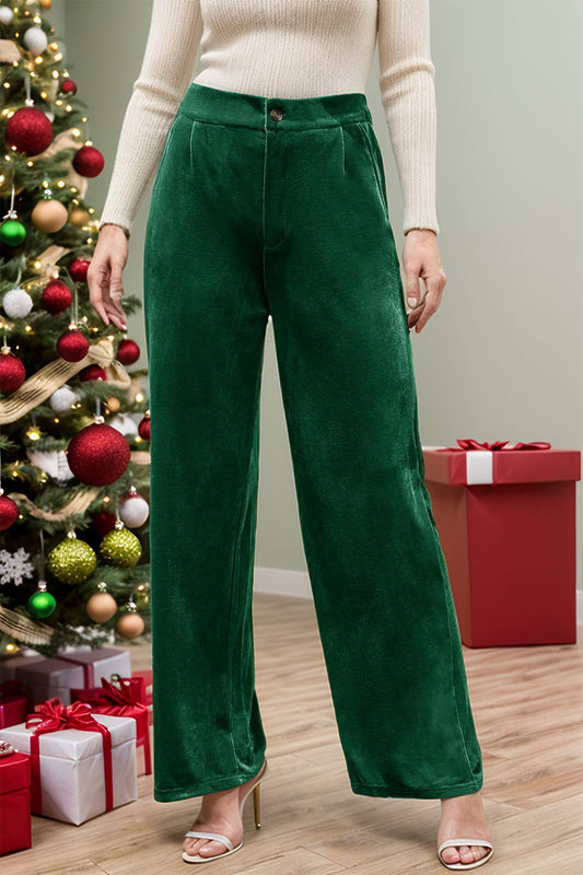 Velvet Wide Leg Pants with Pockets-BOTTOMS SIZES SMALL MEDIUM LARGE-[Adult]-[Female]-Dark Green-S-2022 Online Blue Zone Planet