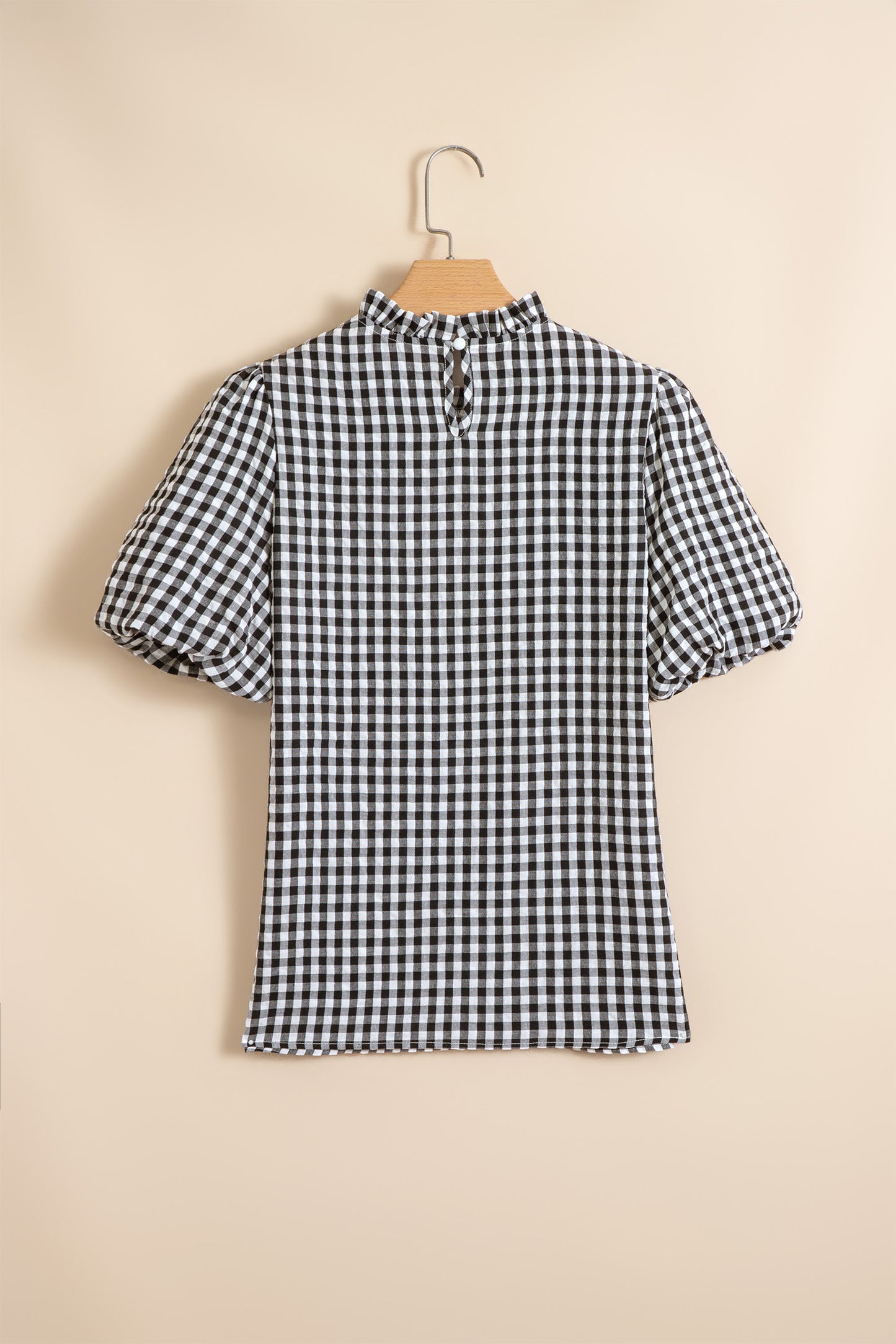 Black Plaid Short Puff Sleeve Frilled Neck Blouse-Tops/Blouses & Shirts-[Adult]-[Female]-2022 Online Blue Zone Planet