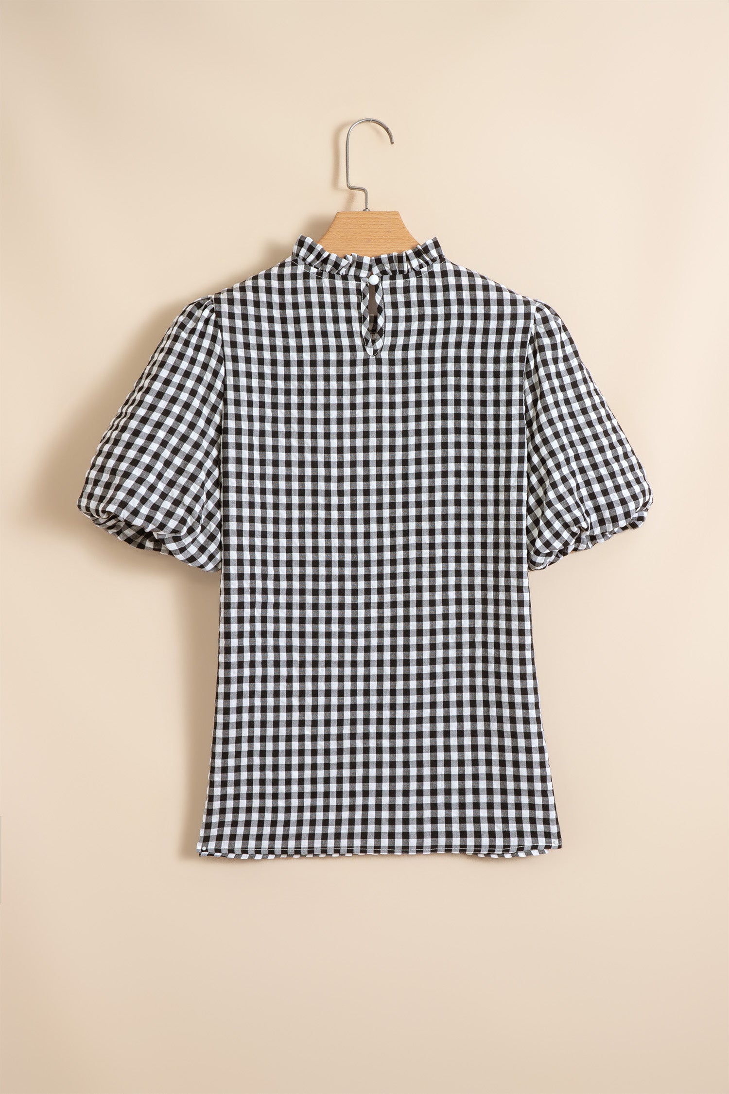 Black Plaid Short Puff Sleeve Frilled Neck Blouse-Tops/Blouses & Shirts-[Adult]-[Female]-2022 Online Blue Zone Planet