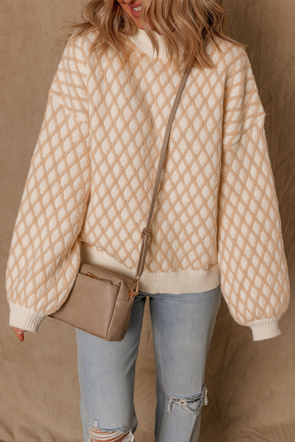Smoke Gray Rhombus Textured Knit Mock Neck Sweater-Sweaters & Cardigans/Sweaters-[Adult]-[Female]-2022 Online Blue Zone Planet