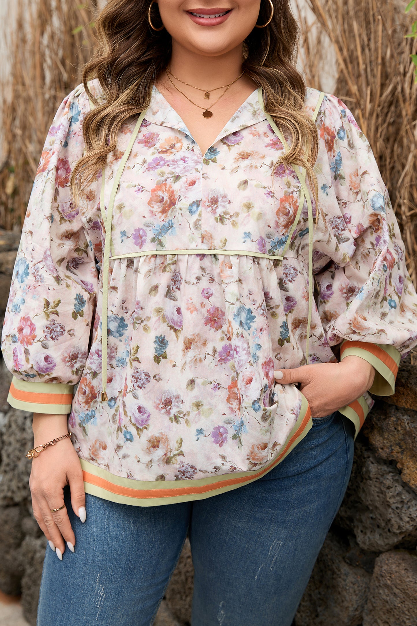 Black Plus Size Floral Print Contrast Trim Striped Detail Babydoll Blouse-Plus Size/Plus Size Tops/Plus Size Blouses & Shirts-[Adult]-[Female]-2022 Online Blue Zone Planet