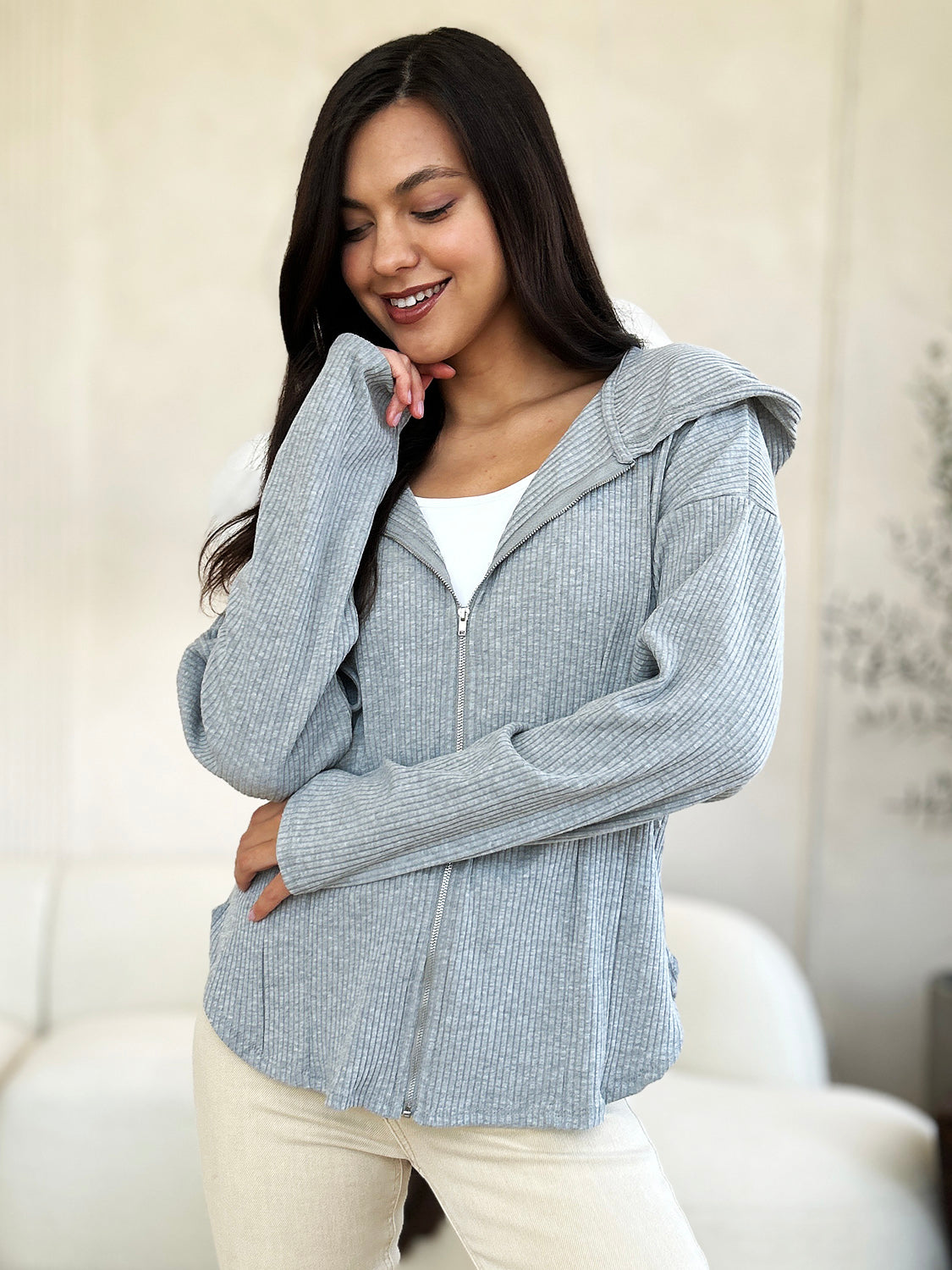 Culture Code Full Size Ribbed Zip Up Drawstring Hooded Jacket-TOPS / DRESSES-[Adult]-[Female]-H.Grey-S-2022 Online Blue Zone Planet