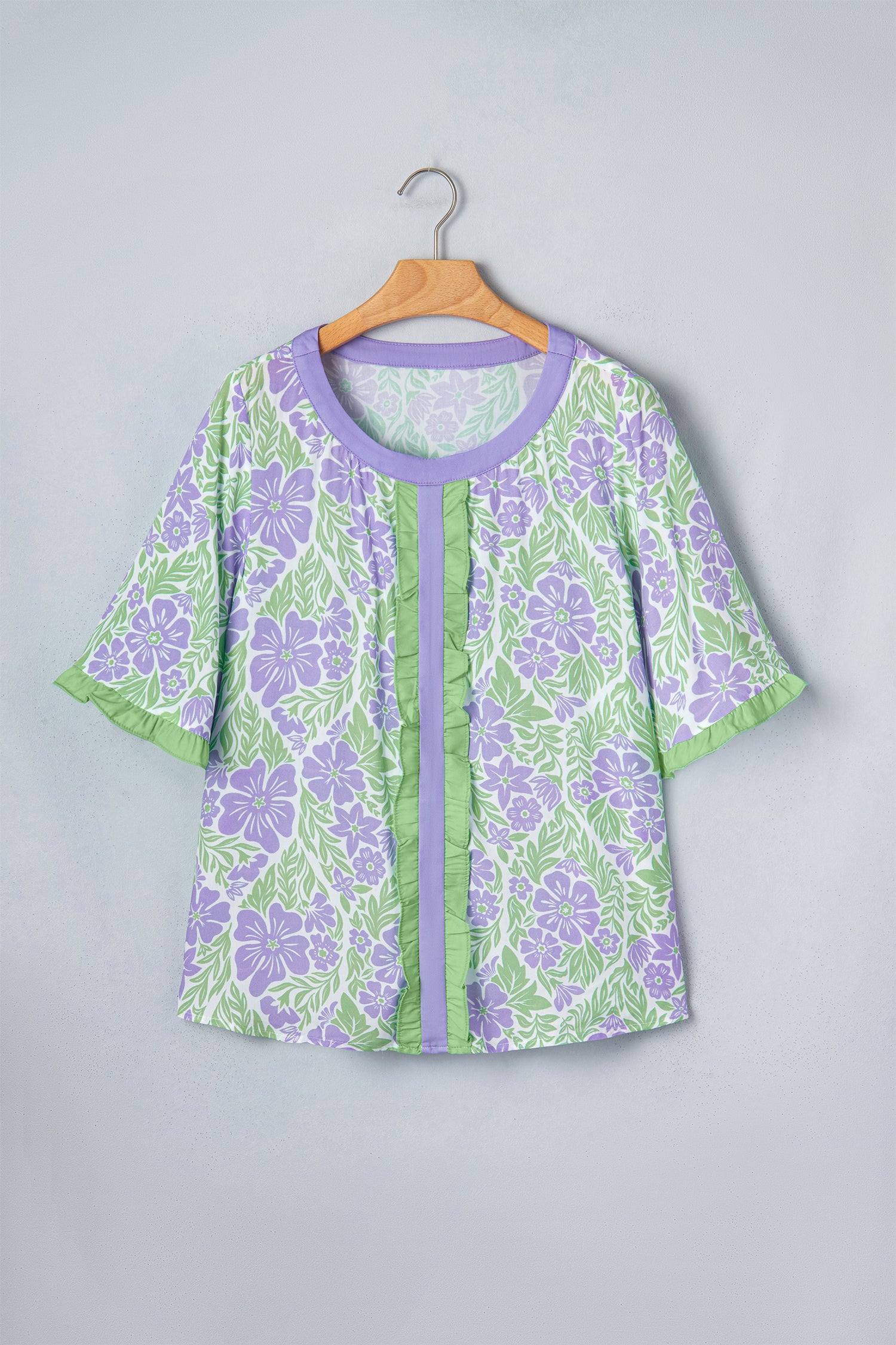 Sky Blue Floral Print Ruffled Color Block Trim Half Sleeve Blouse-Tops/Blouses & Shirts-[Adult]-[Female]-2022 Online Blue Zone Planet