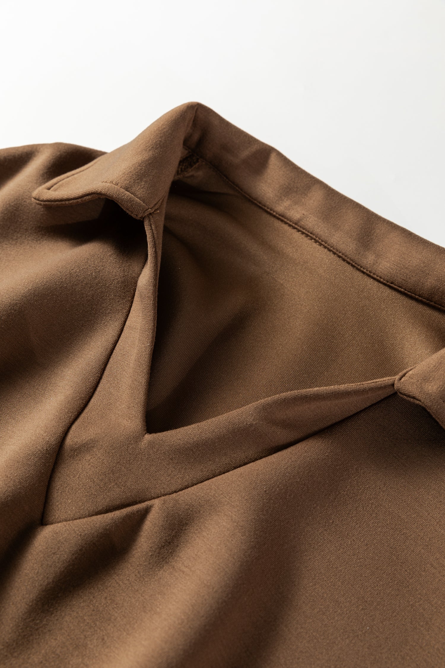 Coffee Solid Color V Neck Top and High Waist Pants Set-Two Piece Sets/Pant Sets-[Adult]-[Female]-2022 Online Blue Zone Planet