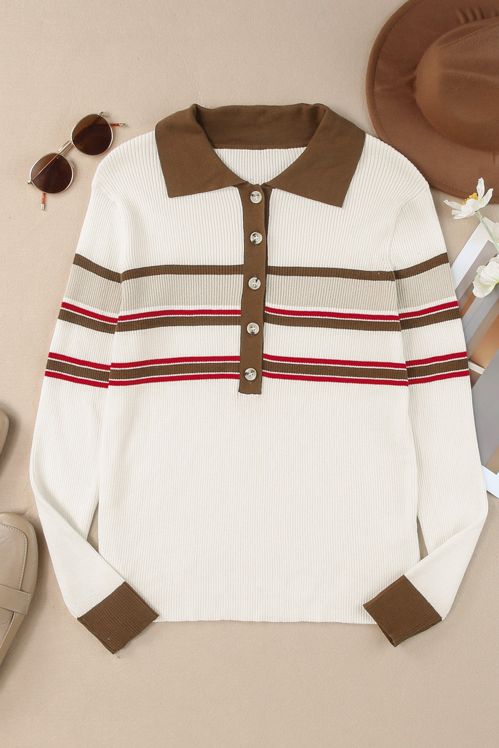 Blue Zone Planet | Half Button Contrast Stripe Long Sleeve Knit Top-TOPS / DRESSES-[Adult]-[Female]-2022 Online Blue Zone Planet