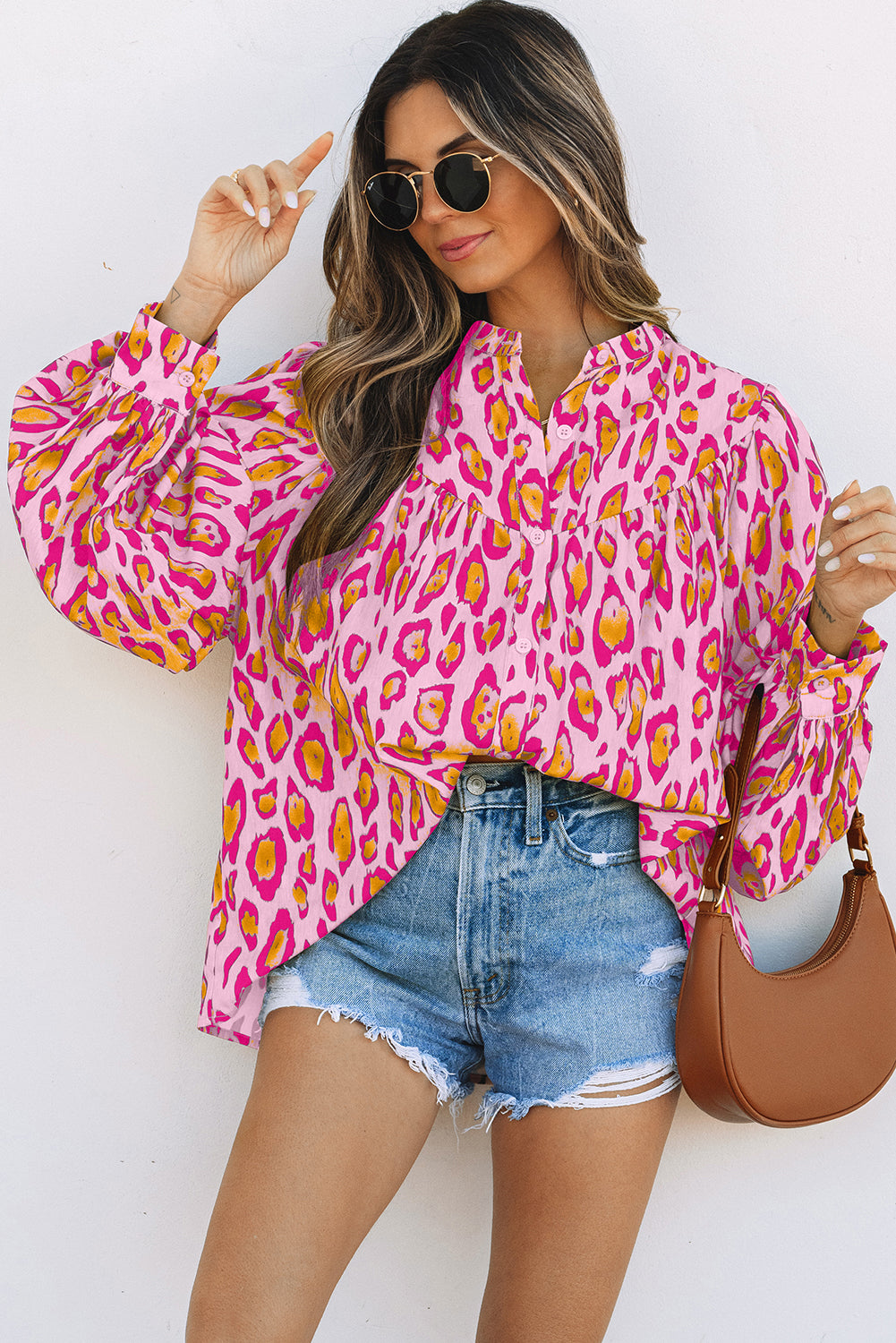 Rose Red Oversized Leopard Print Balloon Sleeve Casual Shirt-Tops/Blouses & Shirts-[Adult]-[Female]-2022 Online Blue Zone Planet