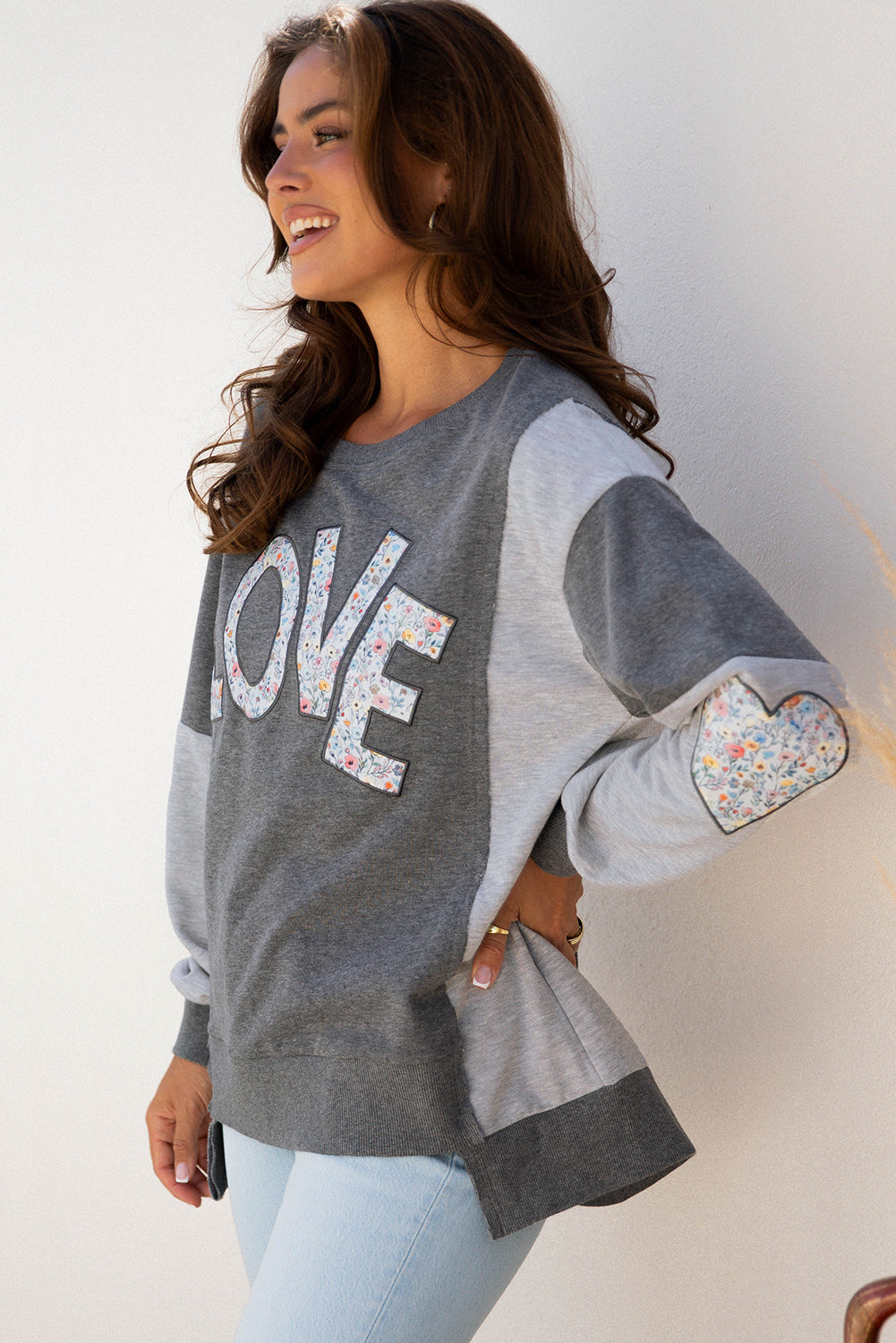 Dark Grey Love Graphic Exposed Seam Patchwork Uneven Hem Chic Sweatshirt-Tops/Sweatshirts & Hoodies-[Adult]-[Female]-2022 Online Blue Zone Planet