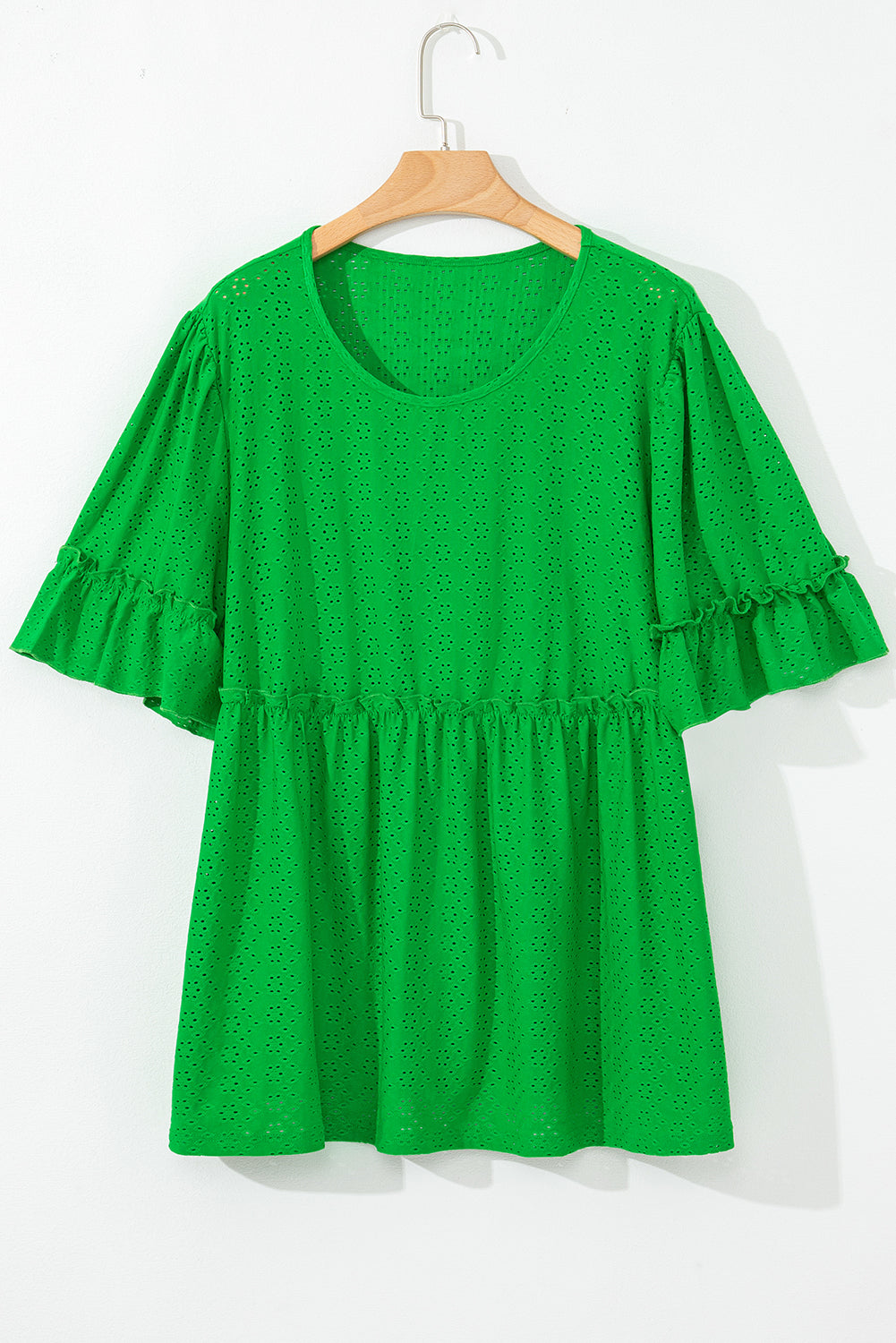 Green Textured Frilled Short Sleeve Plus Size Babydoll Blouse-Plus Size/Plus Size Tops/Plus Size Blouses & Shirts-[Adult]-[Female]-2022 Online Blue Zone Planet
