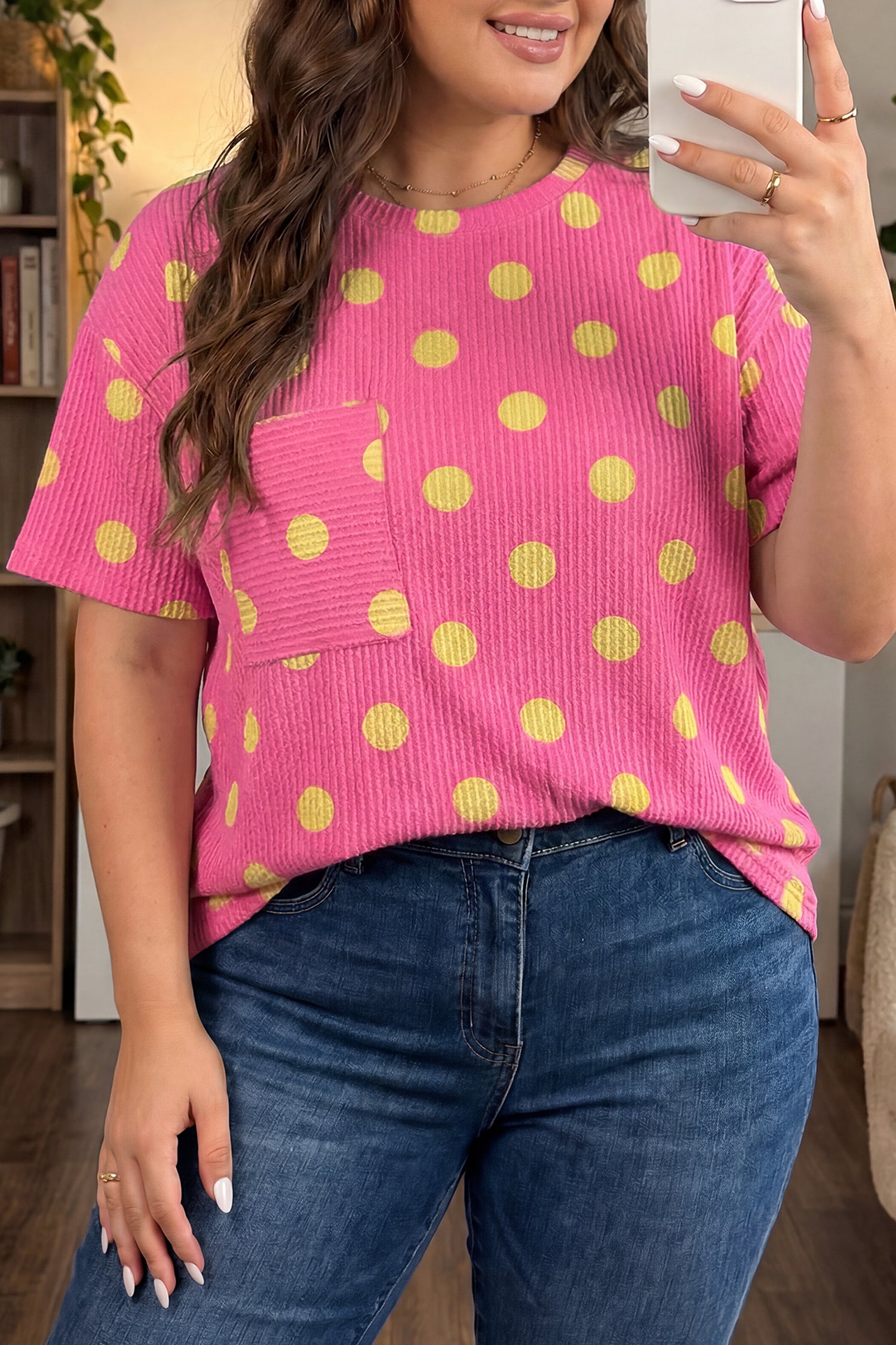 Sky Blue Twisted Rib Polka Dot Print Plus Size T Shirt-Plus Size/Plus Size Tops/Plus Size Tops & Tees-[Adult]-[Female]-2022 Online Blue Zone Planet