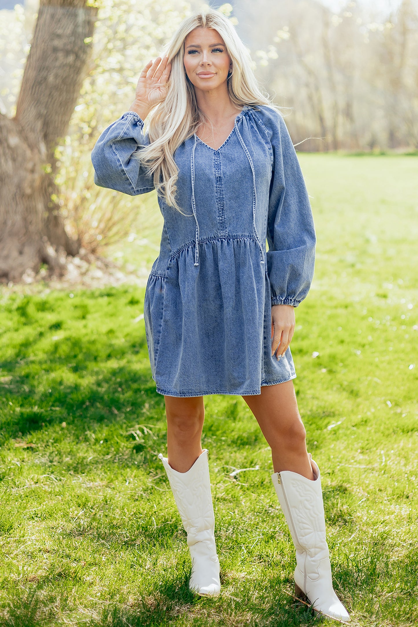 Myosotis Puff Sleeve V Neck Ruffled Loose Denim Mini Dress-TOPS / DRESSES-[Adult]-[Female]-2022 Online Blue Zone Planet