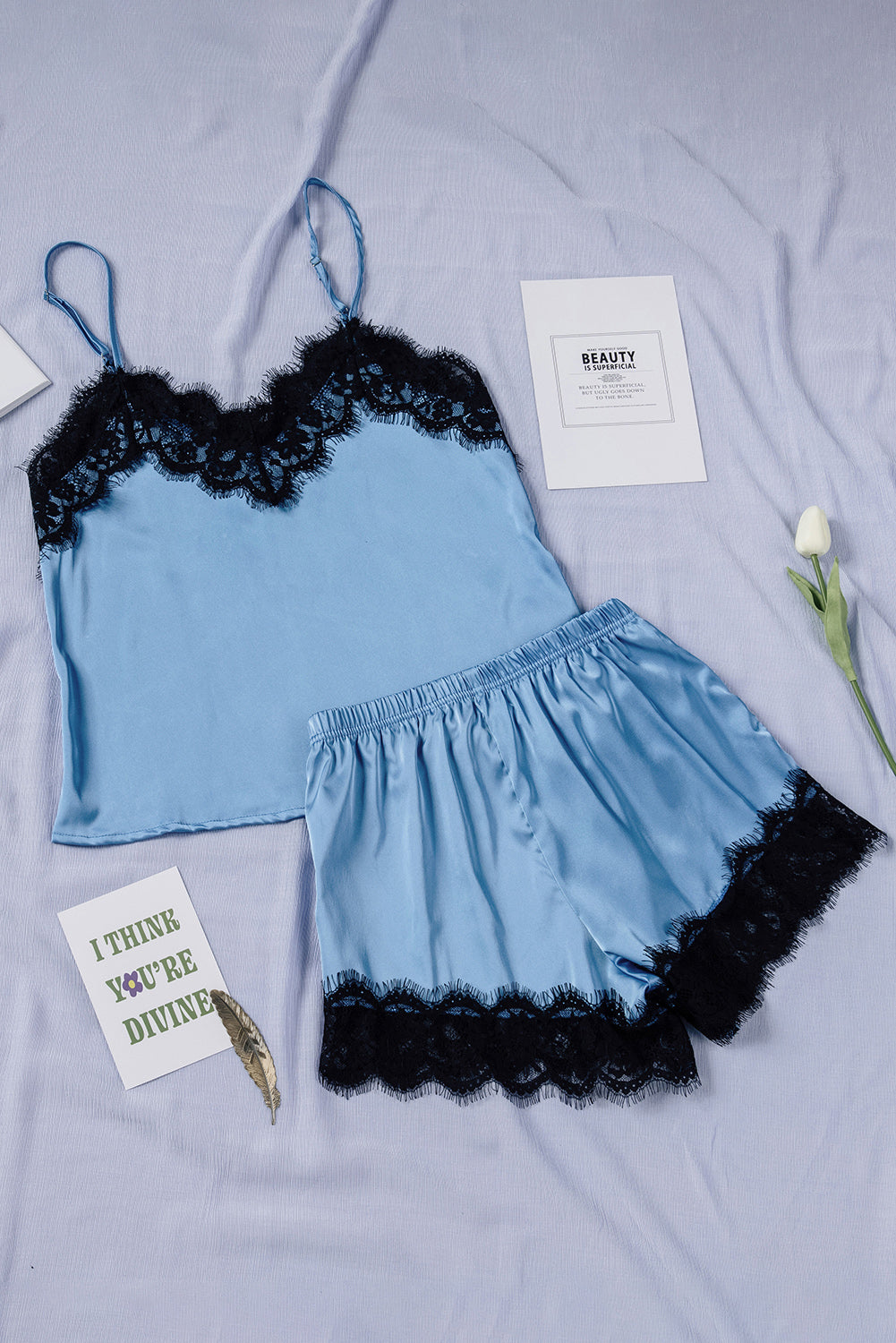 Lace Detail Spaghetti Strap Top and Shorts Lounge Set-TOPS / DRESSES-[Adult]-[Female]-2022 Online Blue Zone Planet