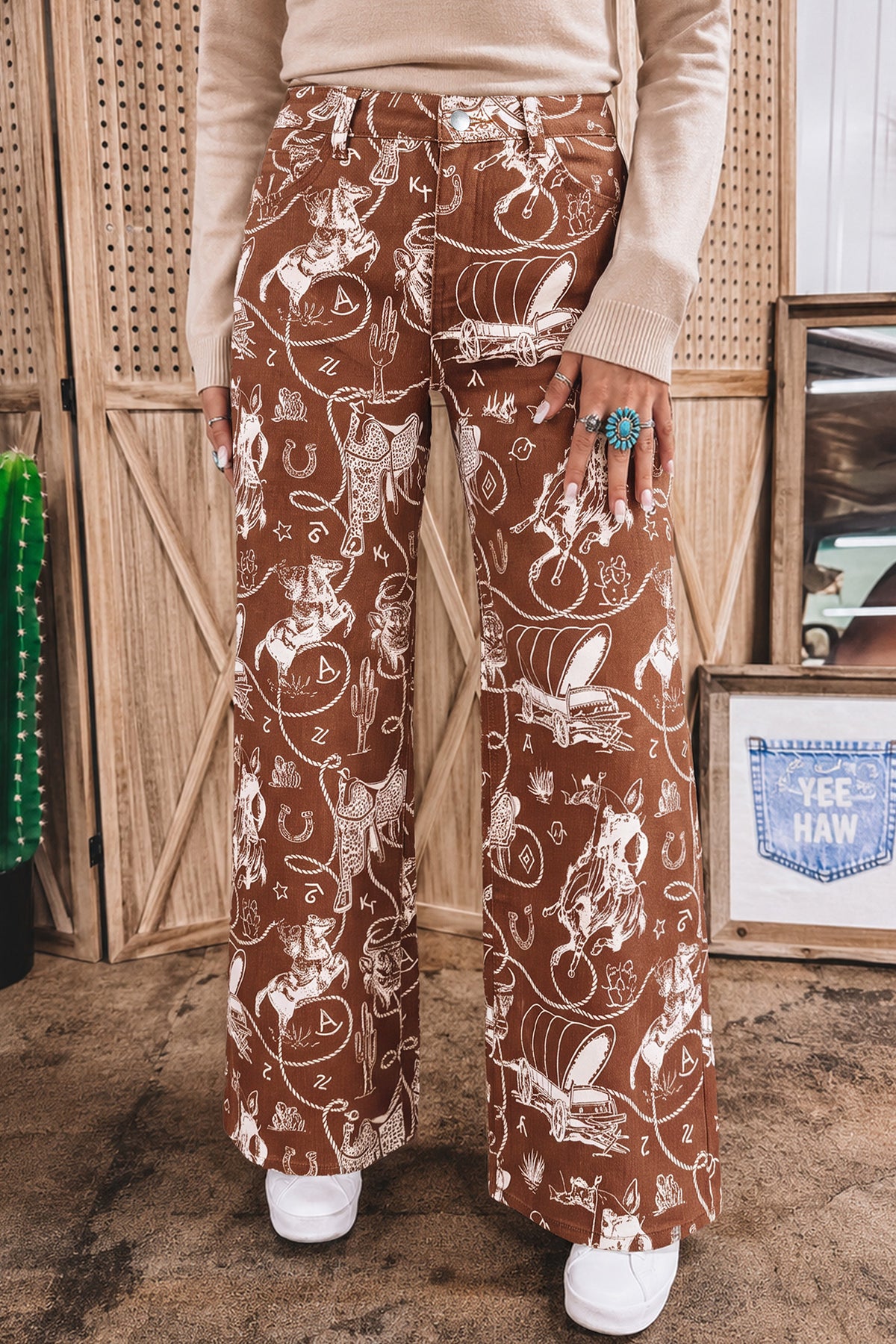 Brown Western Print Casual Shift Jeans-Bottoms/Jeans-[Adult]-[Female]-2022 Online Blue Zone Planet