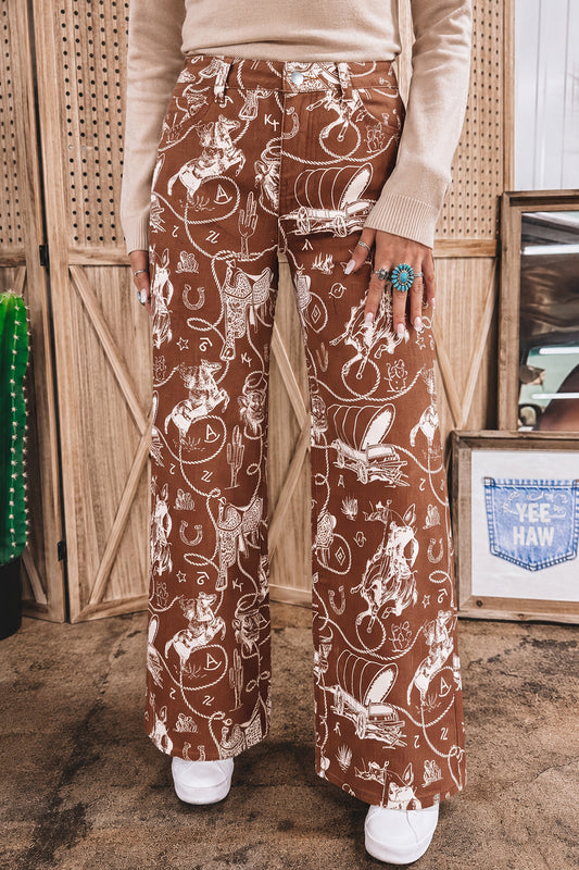 Brown Western Print Casual Shift Jeans-Bottoms/Jeans-[Adult]-[Female]-2022 Online Blue Zone Planet