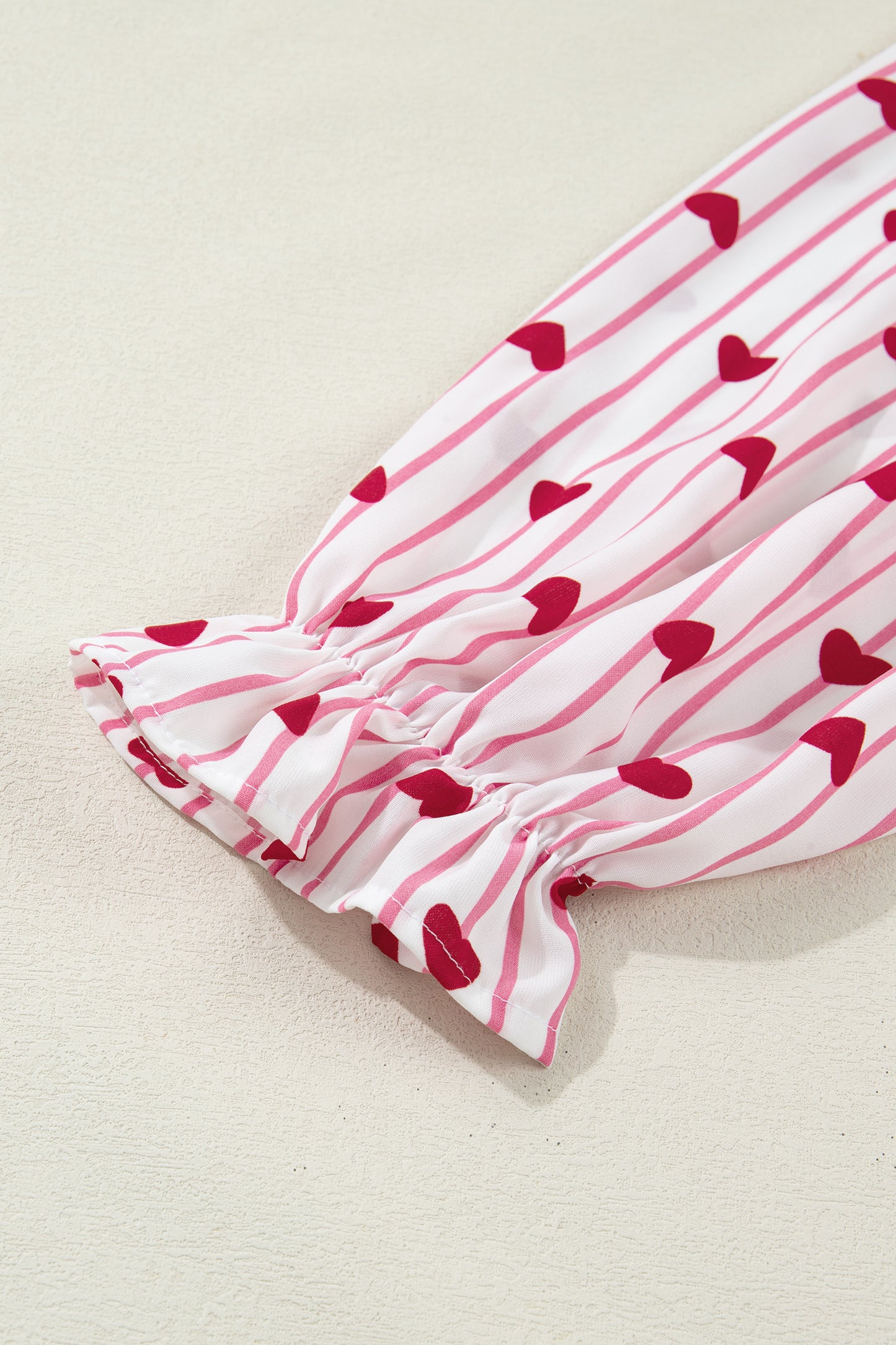 Pink Stripe Textured Heart Print Long Flounce Sleeve Shirt-Tops/Blouses & Shirts-[Adult]-[Female]-2022 Online Blue Zone Planet