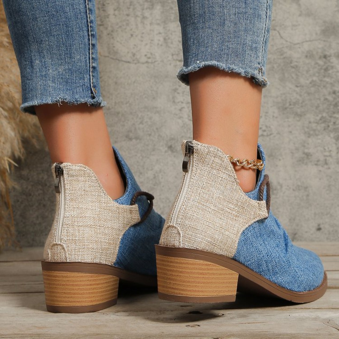 Contrast Canvas Low Heel Boots-SHOES-[Adult]-[Female]-2022 Online Blue Zone Planet