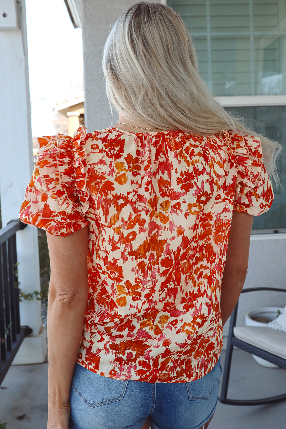 Orange Floral Print Ruffled Short Puff Sleeve Split Neck Blouse-Tops/Blouses & Shirts-[Adult]-[Female]-2022 Online Blue Zone Planet