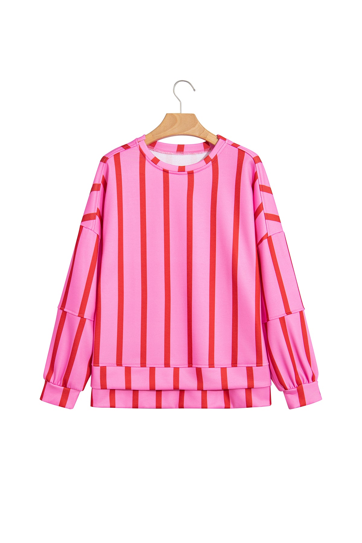 Pink Stripe Dropped Shoulder Round Neck Casual Sweatshirt-Tops/Sweatshirts & Hoodies-[Adult]-[Female]-2022 Online Blue Zone Planet