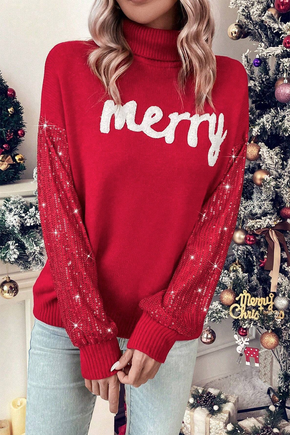 Racing Red Merry Graphic Sequin Sleeve Turtleneck Sweater-Sweaters & Cardigans/Sweaters-[Adult]-[Female]-2022 Online Blue Zone Planet