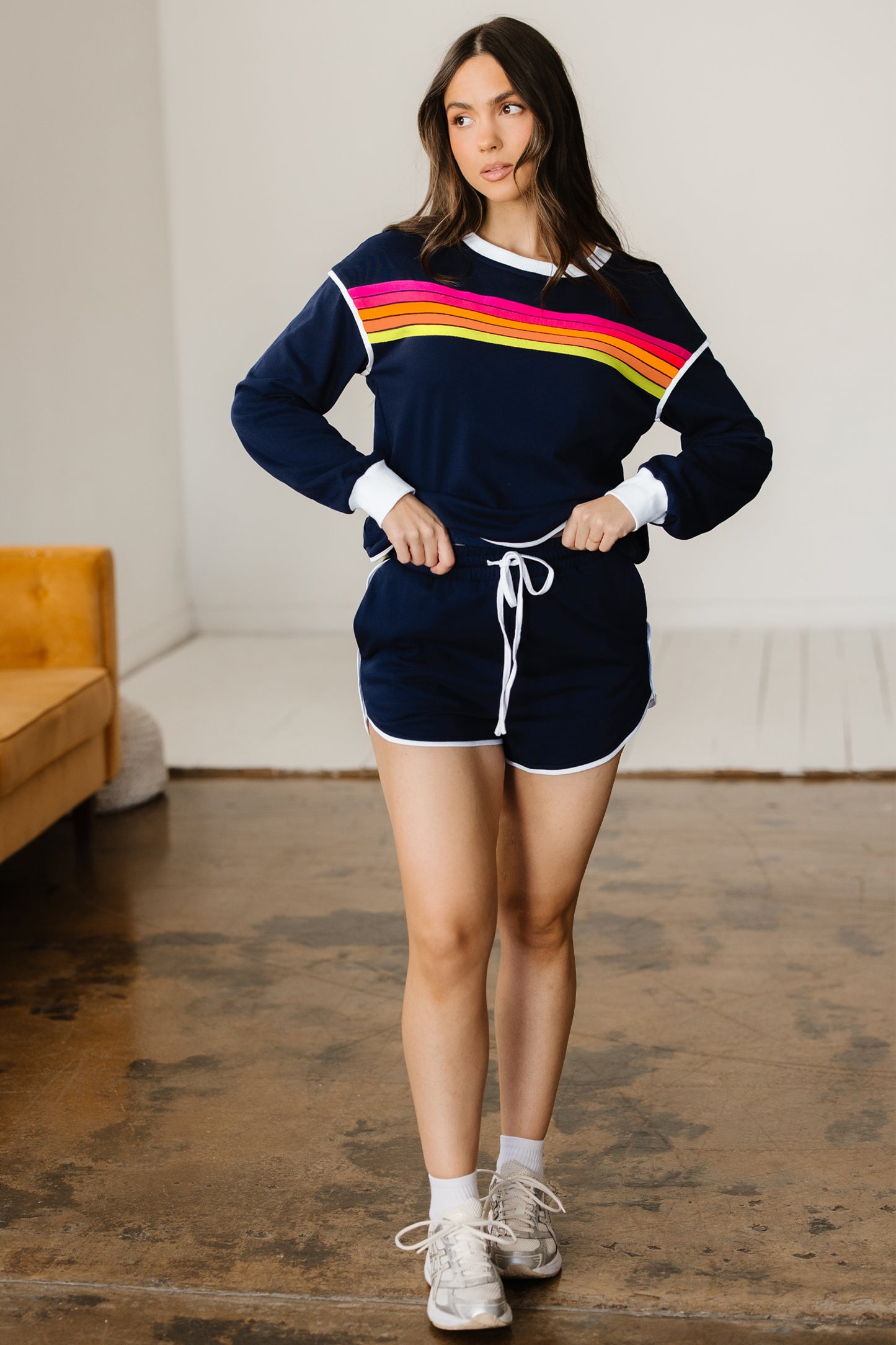 Bluing Colorful Striped Accent Varsity Long Sleeve Pullover and Shorts Matching Set-Two Piece Sets/Short Sets-[Adult]-[Female]-2022 Online Blue Zone Planet