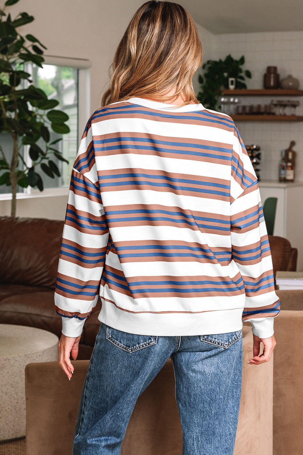 Brown Stripe Crew Neck Drop Shoulder Pullover Sweatshirt-Tops/Sweatshirts & Hoodies-[Adult]-[Female]-2022 Online Blue Zone Planet