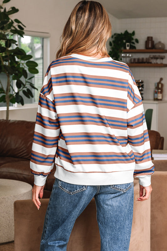 Brown Stripe Crew Neck Drop Shoulder Pullover Sweatshirt-Tops/Sweatshirts & Hoodies-[Adult]-[Female]-2022 Online Blue Zone Planet