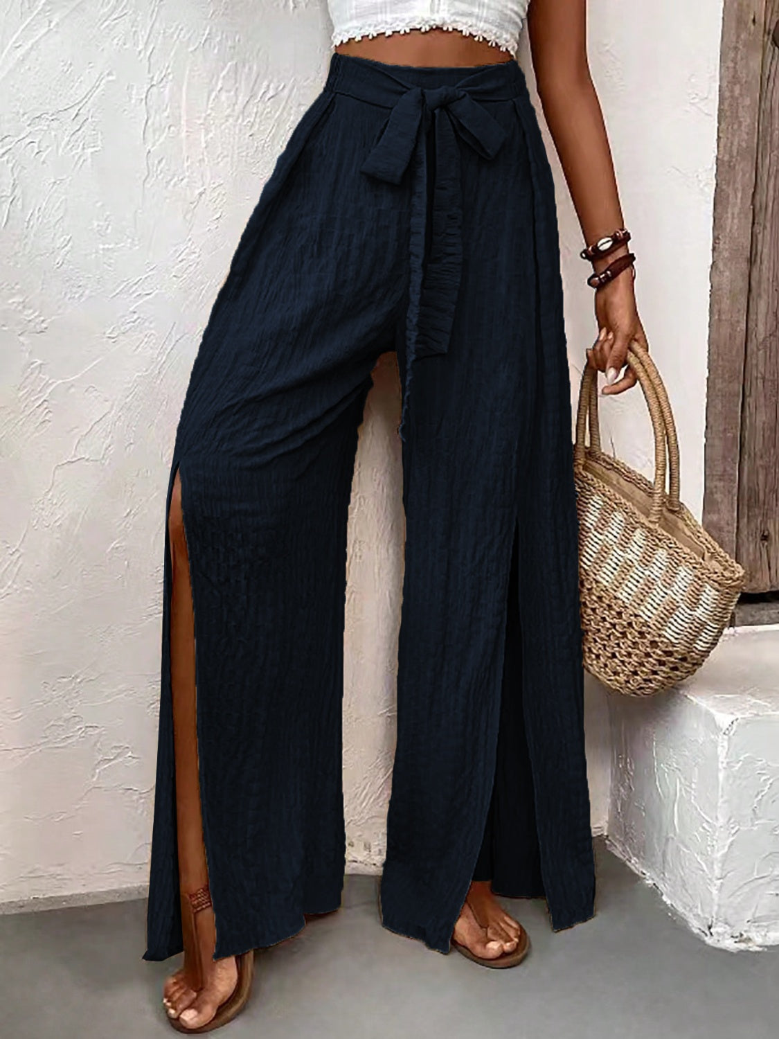 Honey Tied Slit Wide Leg Pants-BOTTOMS SIZES SMALL MEDIUM LARGE-[Adult]-[Female]-2022 Online Blue Zone Planet