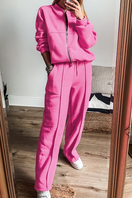 Blue Zone Planet | Bright Pink Solid Seamed Zipper Jacket and Drawstring Waist Pants Set-Two Piece Sets/Pant Sets-[Adult]-[Female]-Bright Pink-S-2022 Online Blue Zone Planet